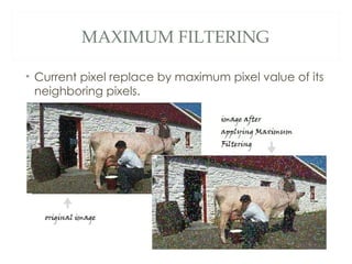 MAXIMUM FILTERING

• Current pixel replace by maximum pixel value of its
  neighboring pixels.
 