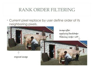 RANK ORDER FILTERING

• Current pixel replace by user define order of its
  neighboring pixels.
 