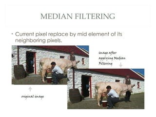 MEDIAN FILTERING

• Current pixel replace by mid element of its
  neighboring pixels.
 