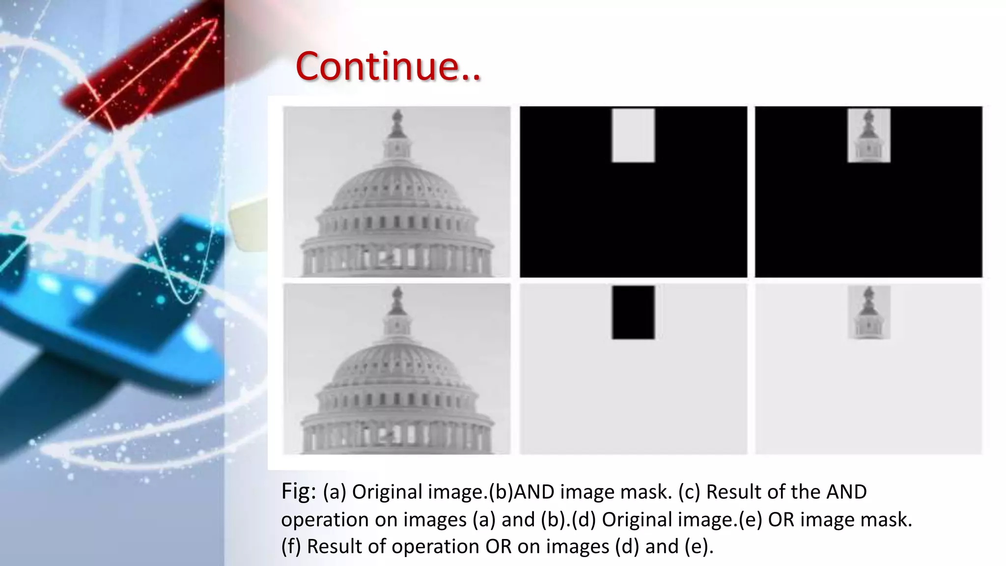 Continue..
Fig: (a) Original image.(b)AND image mask. (c) Result of the AND
operation on images (a) and (b).(d) Original image.(e) OR image mask.
(f) Result of operation OR on images (d) and (e).
 
