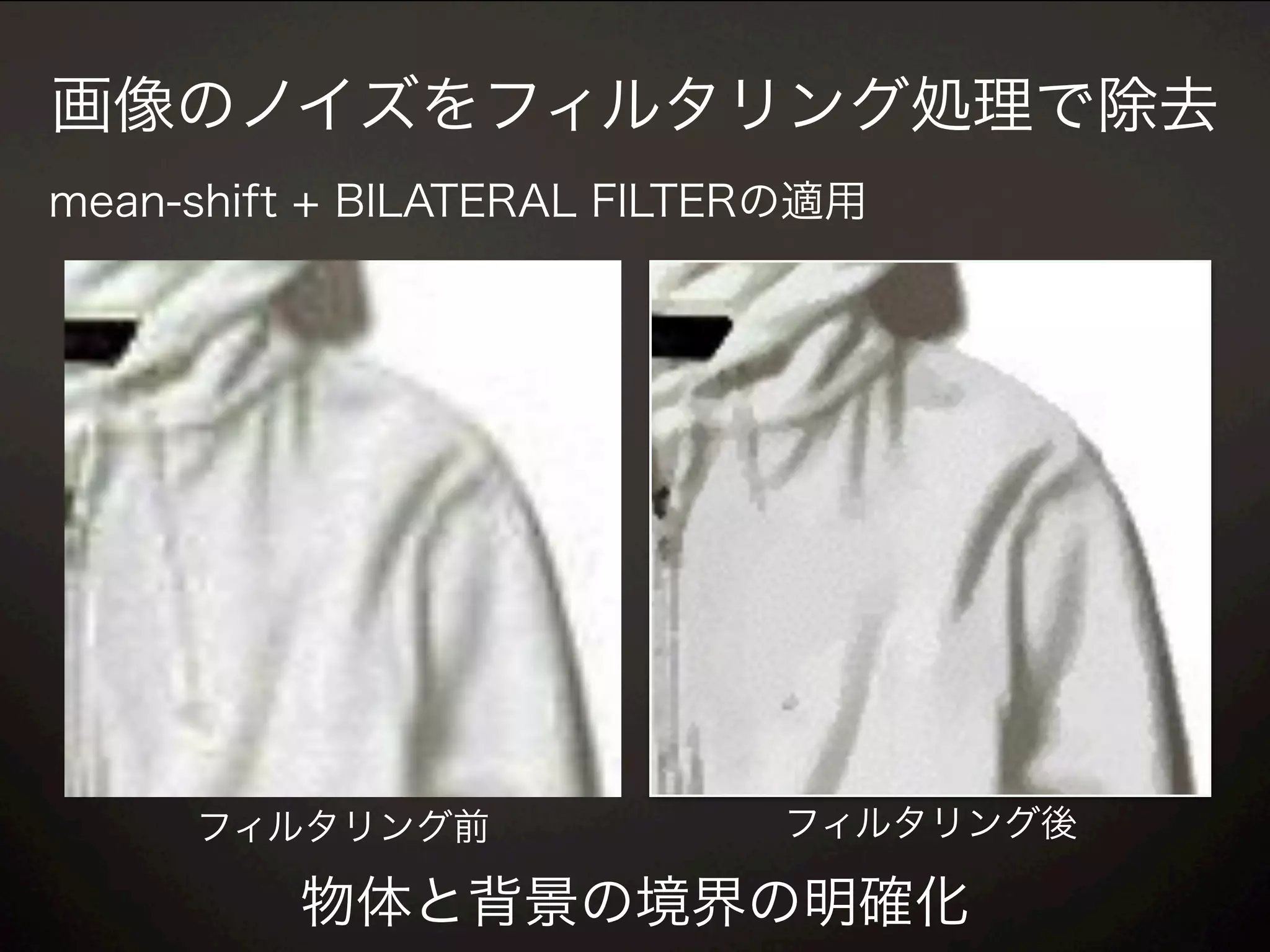 画像のノイズをフィルタリング処理で除去
フィルタリング前 フィルタリング後
mean-shift + BILATERAL FILTERの適用
物体と背景の境界の明確化
 