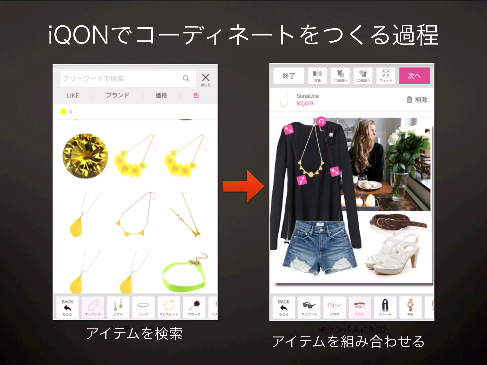 iQONでコーディネートをつくる過程
アイテムを検索 キャンバスに配置
アイテムを検索
アイテムを組み合わせる
 