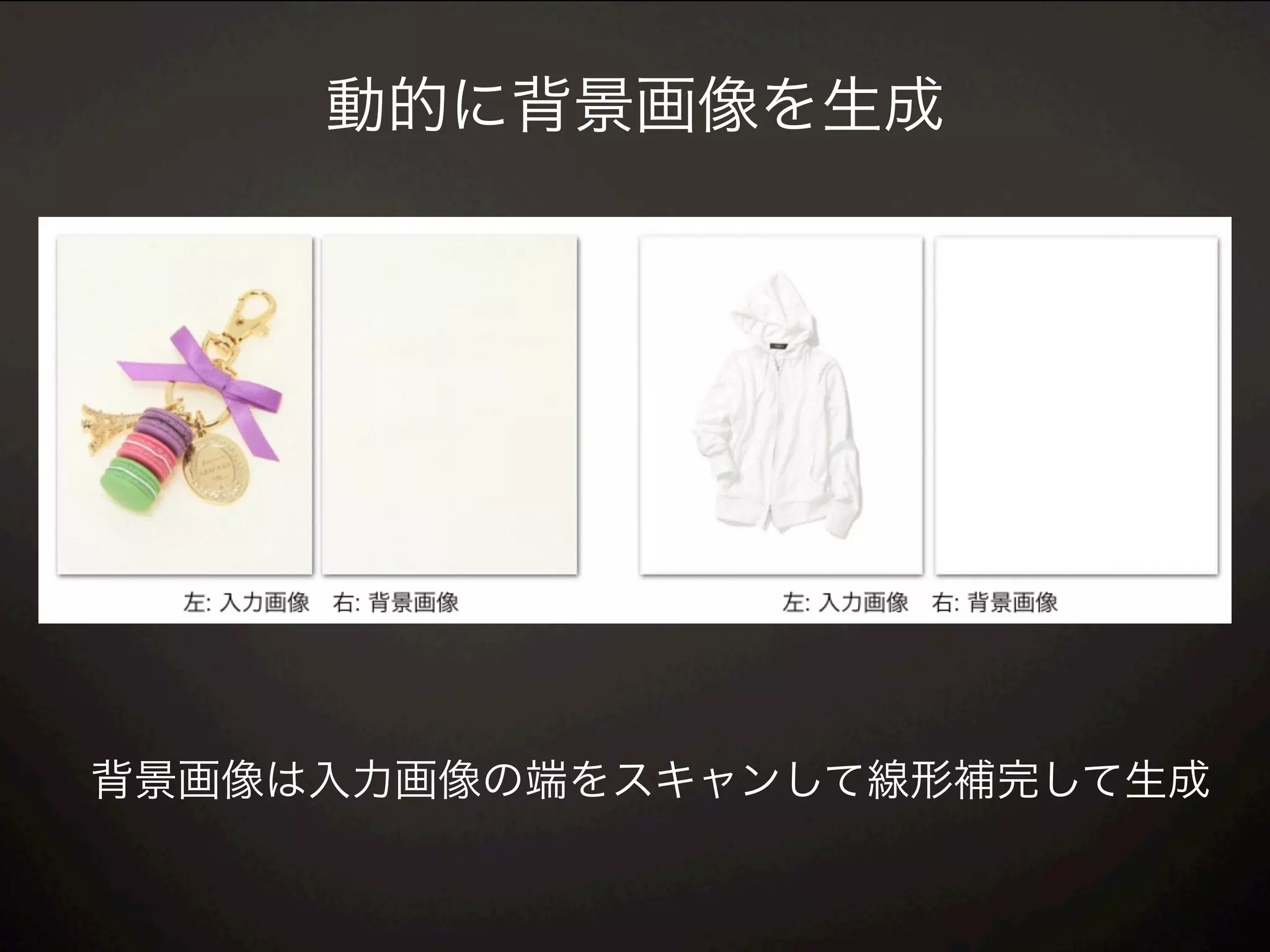 動的に背景画像を生成
背景画像は入力画像の端をスキャンして線形補完して生成
 