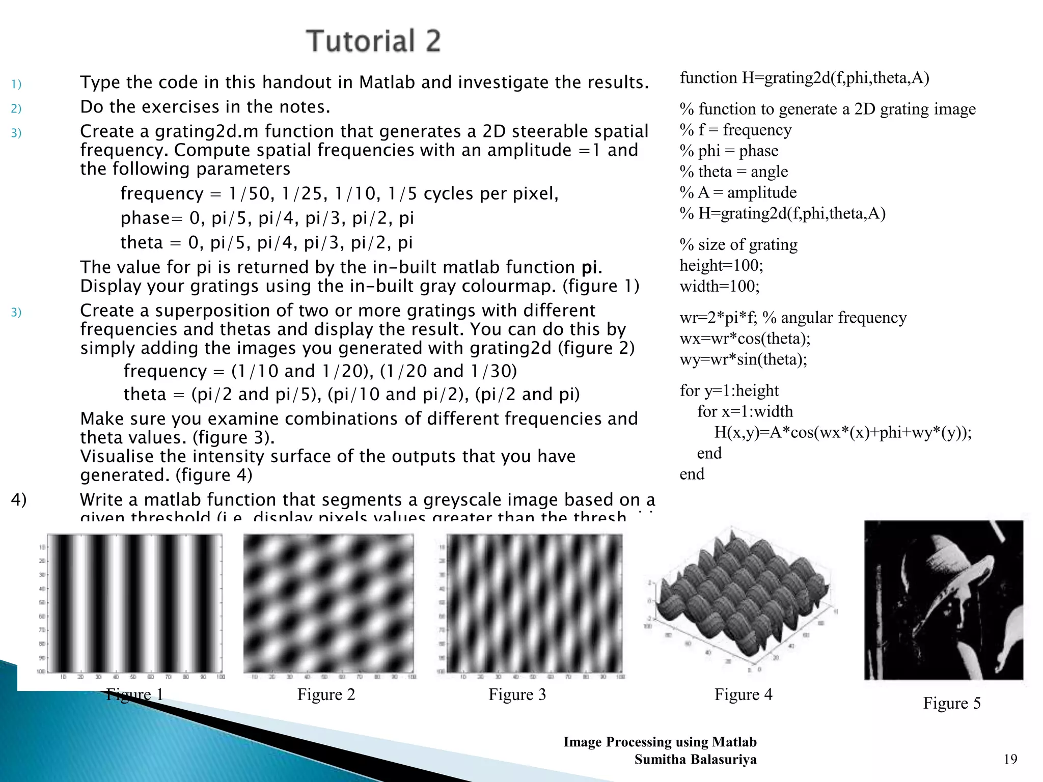 1) Type the code in this handout in Matlab and investigate the results.
2) Do the exercises in the notes.
3) Create a grating2d.m function that generates a 2D steerable spatial
frequency. Compute spatial frequencies with an amplitude =1 and
the following parameters
frequency = 1/50, 1/25, 1/10, 1/5 cycles per pixel,
phase= 0, pi/5, pi/4, pi/3, pi/2, pi
theta = 0, pi/5, pi/4, pi/3, pi/2, pi
The value for pi is returned by the in-built matlab function pi.
Display your gratings using the in-built gray colourmap. (figure 1)
3) Create a superposition of two or more gratings with different
frequencies and thetas and display the result. You can do this by
simply adding the images you generated with grating2d (figure 2)
frequency = (1/10 and 1/20), (1/20 and 1/30)
theta = (pi/2 and pi/5), (pi/10 and pi/2), (pi/2 and pi)
Make sure you examine combinations of different frequencies and
theta values. (figure 3).
Visualise the intensity surface of the outputs that you have
generated. (figure 4)
4) Write a matlab function that segments a greyscale image based on a
given threshold (i.e. display pixels values greater than the threshold
value, zero otherwise). The function should accept two inputs, the
image matrix and the threshold value, and output the thresholded
image matrix. (figure 5)
Image Processing using Matlab
Sumitha Balasuriya 19
function H=grating2d(f,phi,theta,A)
% function to generate a 2D grating image
% f = frequency
% phi = phase
% theta = angle
% A = amplitude
% H=grating2d(f,phi,theta,A)
% size of grating
height=100;
width=100;
wr=2*pi*f; % angular frequency
wx=wr*cos(theta);
wy=wr*sin(theta);
for y=1:height
for x=1:width
H(x,y)=A*cos(wx*(x)+phi+wy*(y));
end
end
Figure 1 Figure 3Figure 2 Figure 4
Figure 5
 