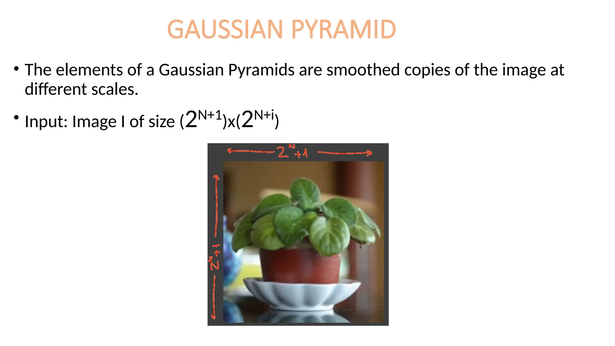 GAUSSIAN PYRAMID
• The elements of a Gaussian Pyramids are smoothed copies of the image at
different scales.
• Input: Image I of size (2N+1
)x(2N+i
)
 