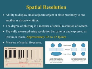  Ability to display small adjacent object in close proximity to one
another as discrete entities.
 The degree of blurring is a measure of spatial resolution of system.
 Typically measured using resolution bar patterns and expressed as
lp/mm or lp/cm- Approximately 0.5 to 1.5 lp/mm
 Measure of spatial frequency.
 