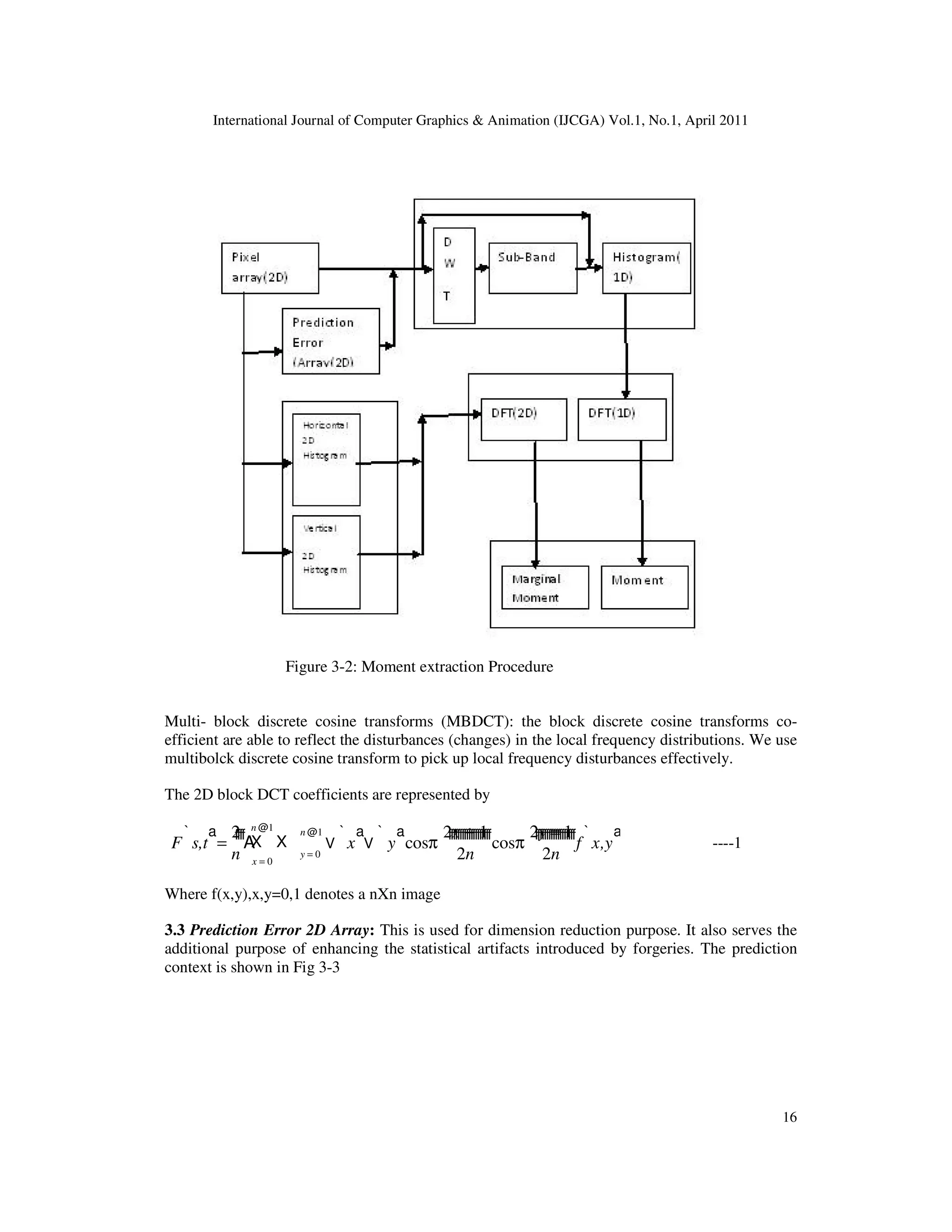 International Journal of Computer Graphics & Animation (IJCGA) Vol.1, No.1, April 2011 16 Figure 3-2: Moment extraction Procedure Multi- block discrete cosine transforms (MBDCT): the block discrete cosine transforms co- efficient are able to reflect the disturbances (changes) in the local frequency distributions. We use multibolck discrete cosine transform to pick up local frequency disturbances effectively. The 2D block DCT coefficients are represented by F s,t ` a = 2 n ffff A X x = 0 n @1 X y = 0 n @1 V x ` a V y ` a cosπ 2x + 1 2n fffffffffffffffffff cosπ 2y = 1 2n ffffffffffffffffff f x,y ` a ----1 Where f(x,y),x,y=0,1 denotes a nXn image 3.3 Prediction Error 2D Array: This is used for dimension reduction purpose. It also serves the additional purpose of enhancing the statistical artifacts introduced by forgeries. The prediction context is shown in Fig 3-3 