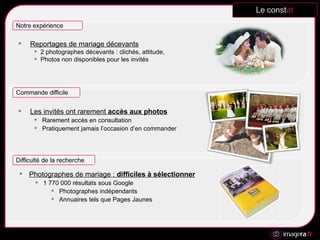 Les invités ont rarement  accès aux photos Rarement accès en consultation Pratiquement jamais l’occasion d’en commander Photographes de mariage :  difficiles à sélectionner 1 770 000 résultats sous Google Photographes indépendants Annuaires tels que Pages Jaunes Reportages de mariage décevants 2 photographes décevants : clichés, attitude,  Photos non disponibles pour les invités 