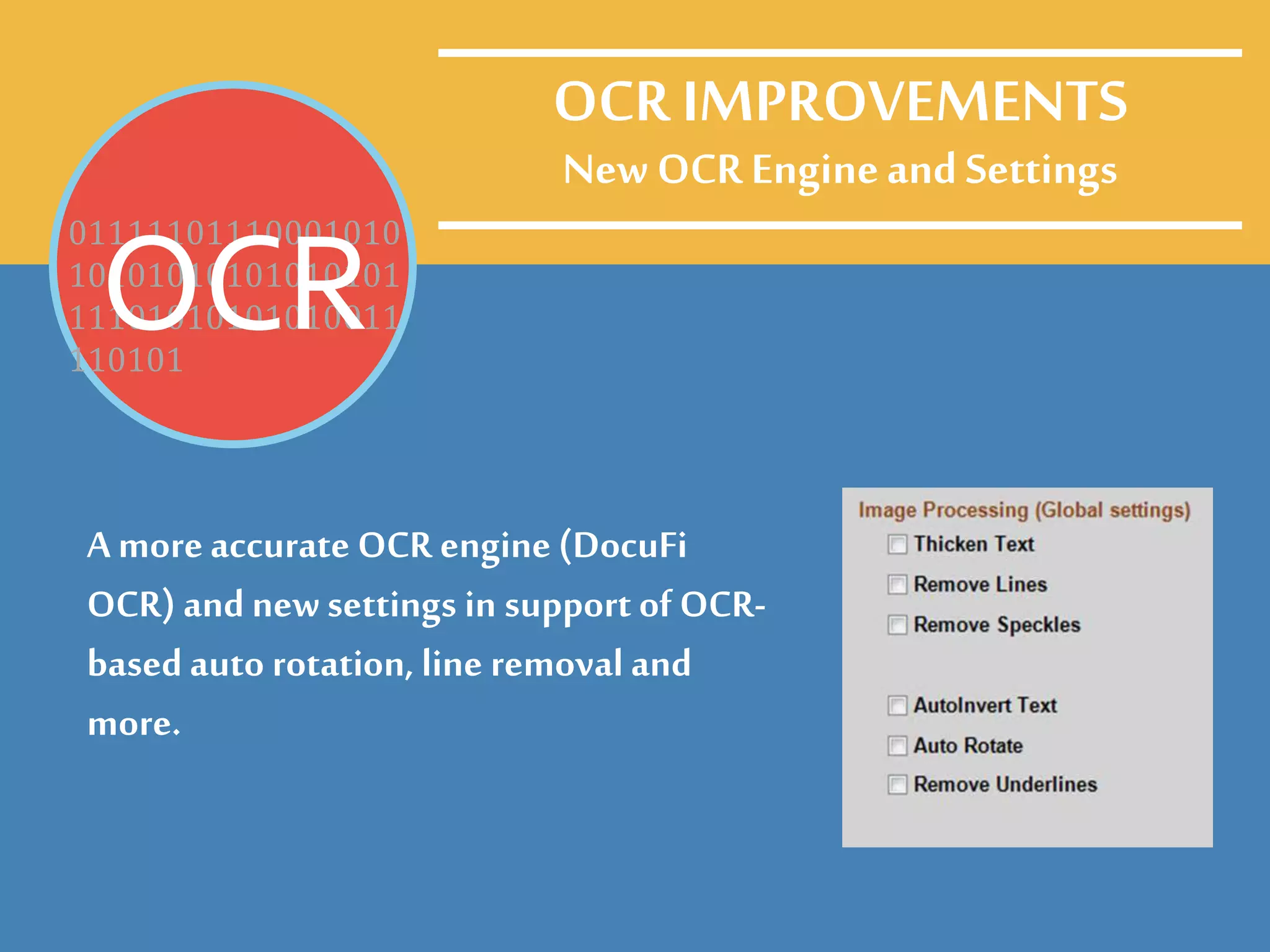 A moreaccurate OCR engine (DocuFi
OCR) and newsettings in support of OCR-
basedauto rotation, line removal and
more.
OCR IMPROVEMENTS
New OCR EngineandSettings
01111101110001010
10101010101010101
11101010101010011
110101
OCR
 