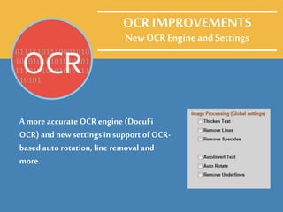 A moreaccurate OCR engine (DocuFi
OCR) and newsettings in support of OCR-
basedauto rotation, line removal and
more.
OCR IMPROVEMENTS
New OCR EngineandSettings
01111101110001010
10101010101010101
11101010101010011
110101
OCR
 