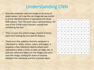 Understanding CNN
• Now the computer sees the image as an array of
pixels values. Let’s say the cat image we saw earlier
is of size 10x10x3 (where 3 represents the three
RGB values). Then the pixel value representation, for
one of the 3 RGB color channels, would look
something like this:
• Then, it scans this entire image a bunch of times,
each time looking for one specific feature
• There are a few patterns that the computer is
interested in: blobs, circles, colors, and edges. It
prepares a few reference objects where each
represents a blob, a circle, a color, an edge, etc. It
puts the reference object on the image and scans
over the image, looking for areas of overlap
between the reference and the scanned region
 