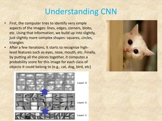 Understanding CNN
• First, the computer tries to identify very simple
aspects of the images: lines, edges, corners, blobs,
etc. Using that information, we build up into slightly,
just slightly more complex shapes: squares, circles,
triangles
• After a few iterations, it starts to recognize high-
level features such as eyes, nose, mouth, etc. Finally,
by putting all the pieces together, it computes a
probability score for this image for each class of
objects it could belong to (e.g., cat, dog, bird, etc)
 
