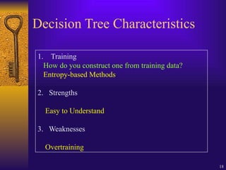 18
Decision Tree Characteristics
1. Training
How do you construct one from training data?
Entropy-based Methods
2. Strengths
Easy to Understand
3. Weaknesses
Overtraining
 