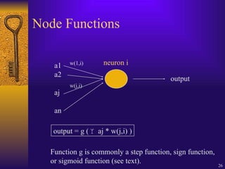 26
Node Functions
a1
a2
aj
an
output
output = g ( aj * w(j,i) )
Function g is commonly a step function, sign function,
or sigmoid function (see text).
neuron i
w(1,i)
w(j,i)
 