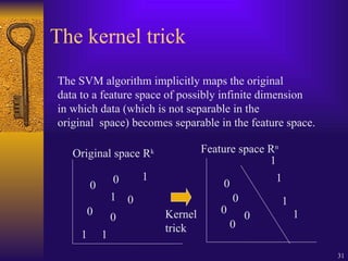 31
The kernel trick
The SVM algorithm implicitly maps the original
data to a feature space of possibly infinite dimension
in which data (which is not separable in the
original space) becomes separable in the feature space.
0
0
0 0
0
1
1 1
Original space Rk
0
0
0 0
0
1
1
1
Feature space Rn
1
1
Kernel
trick
 