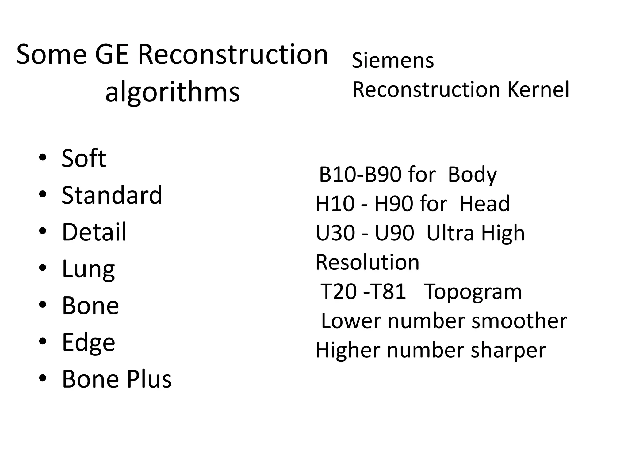 Some GE Reconstruction
algorithms
• Soft
• Standard
• Detail
Siemens
Reconstruction Kernel
B10-B90 for Body
H10 - H90 for Head
U30 - U90 Ultra High• Detail
• Lung
• Bone
• Edge
• Bone Plus
U30 - U90 Ultra High
Resolution
T20 -T81 Topogram
Lower number smoother
Higher number sharper
 