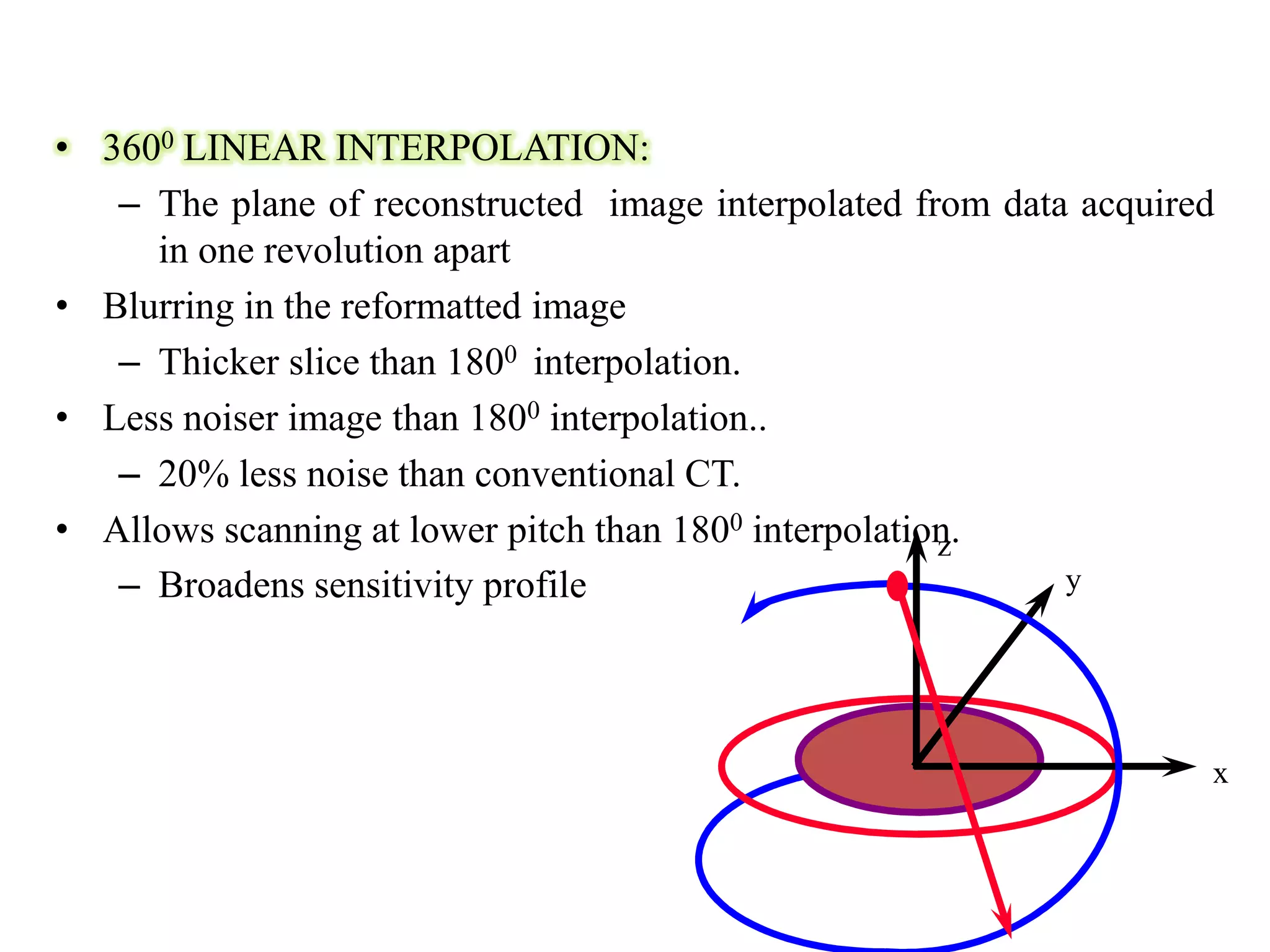 • 3600 LINEAR INTERPOLATION:
– The plane of reconstructed image interpolated from data acquired
in one revolution apart
• Blurring in the reformatted image
– Thicker slice than 1800 interpolation.
• Less noiser image than 1800 interpolation..
– 20% less noise than conventional CT.– 20% less noise than conventional CT.
• Allows scanning at lower pitch than 1800 interpolation.
– Broadens sensitivity profile
x
y
z
 