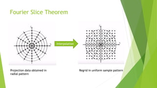Fourier Slice Theorem
Projection data obtained in
radial pattern
Interpolation
Regrid in uniform sample pattern
 