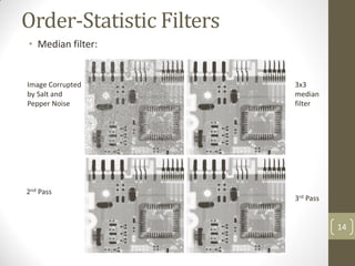 Order-Statistic Filters
• Median filter:
14
3x3
median
filter
2nd Pass
Image Corrupted
by Salt and
Pepper Noise
3rd Pass
 