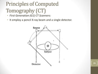 Principles of Computed
Tomography (CT)
• First Generation (G1) CT Scanners:
• It employ a pencil X-ray beam and a single detector.
26
 