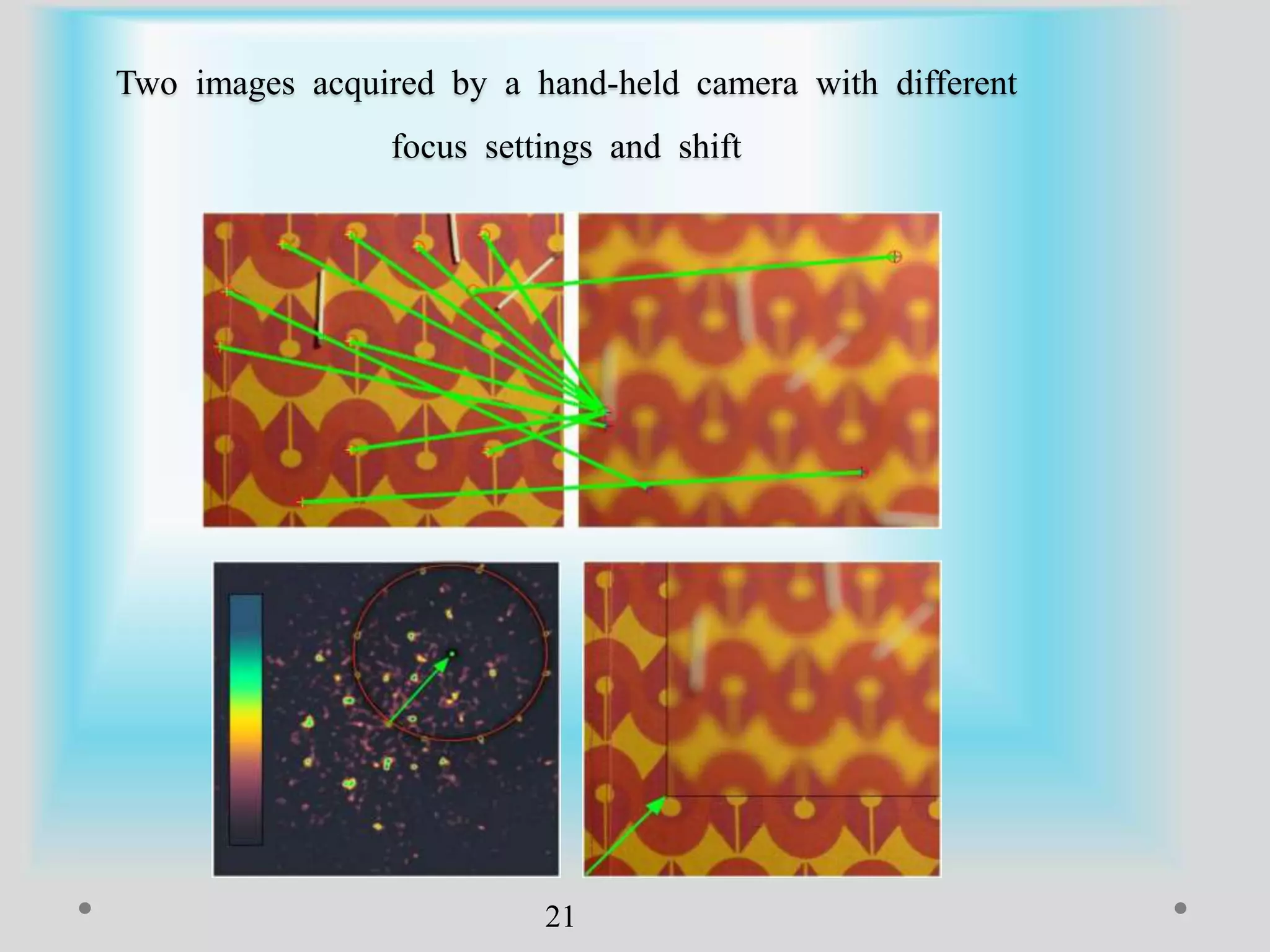 Two images acquired by a hand-held camera with different
focus settings and shift
21
 