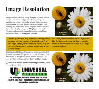 Image Resolution
Image resolution is how many dots per inch make up an
image. Computers and printers display images by
reproducing colours one dot at a time. Pixels on your
monitors (TV screens, phones, cameras etc) can vary,
and may not be the best suited for your printed material.
Computers display images at 72 dpi (dots per inch).
Professionally printed material require a much higher
                                                                     Low Res
(quantity) quality of 300 dpi or greater.
                                                                      72 dpi

   At first glance you may not notice the difference         The inset further emphasizes the difference.
   between the two photos. If you look closely at            The bee is very fuzzy on the low resolution
   the edges of the petals in the top photo, they are        photo and more detail is visible in the high
   fuzzy and not clearly defined as they are in the          resolution photo.
   bottom photo.
It is important to know, the average image downloaded
from the internet is 72 dpi and is too low of quality (low
resolution) to be reproduced on printed material. Im-
ages at 72 dpi will end up very fuzzy and lack clarity.
If you are in doubt about your images contact your
printer for assistance.




    160 Whiting St., Ingersoll Phone: 519-485-5248                  High Res
  Fax: 519-485-4023 Email sales@universalprint.ca                   300 dpi
                www.universalprint.ca
 