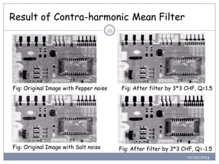 Result of Contra-harmonic Mean Filter 
35 
Fig: Original Image with Pepper noise 
Fig: Original Image with Salt noise 
Fig: After filter by 3*3 CHF, Q=1.5 
Fig: After filter by 3*3 CHF, Q=-1.5 
10/22/2014  