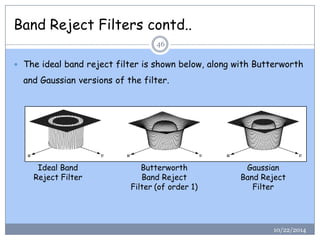 Band Reject Filters contd.. 
The ideal band reject filter is shown below, along with Butterworth and Gaussian versions of the filter. Ideal BandReject Filter 
ButterworthBand RejectFilter (of order 1) 
GaussianBand RejectFilter 
46 
10/22/2014  