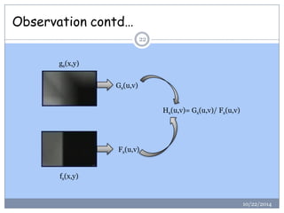 Observation contd… 
10/22/2014 
22gs(x,y) fs(x,y) 
Gs(u,v) 
Fs(u,v) 
Hs(u,v)= Gs(u,v)/ Fs(u,v)  