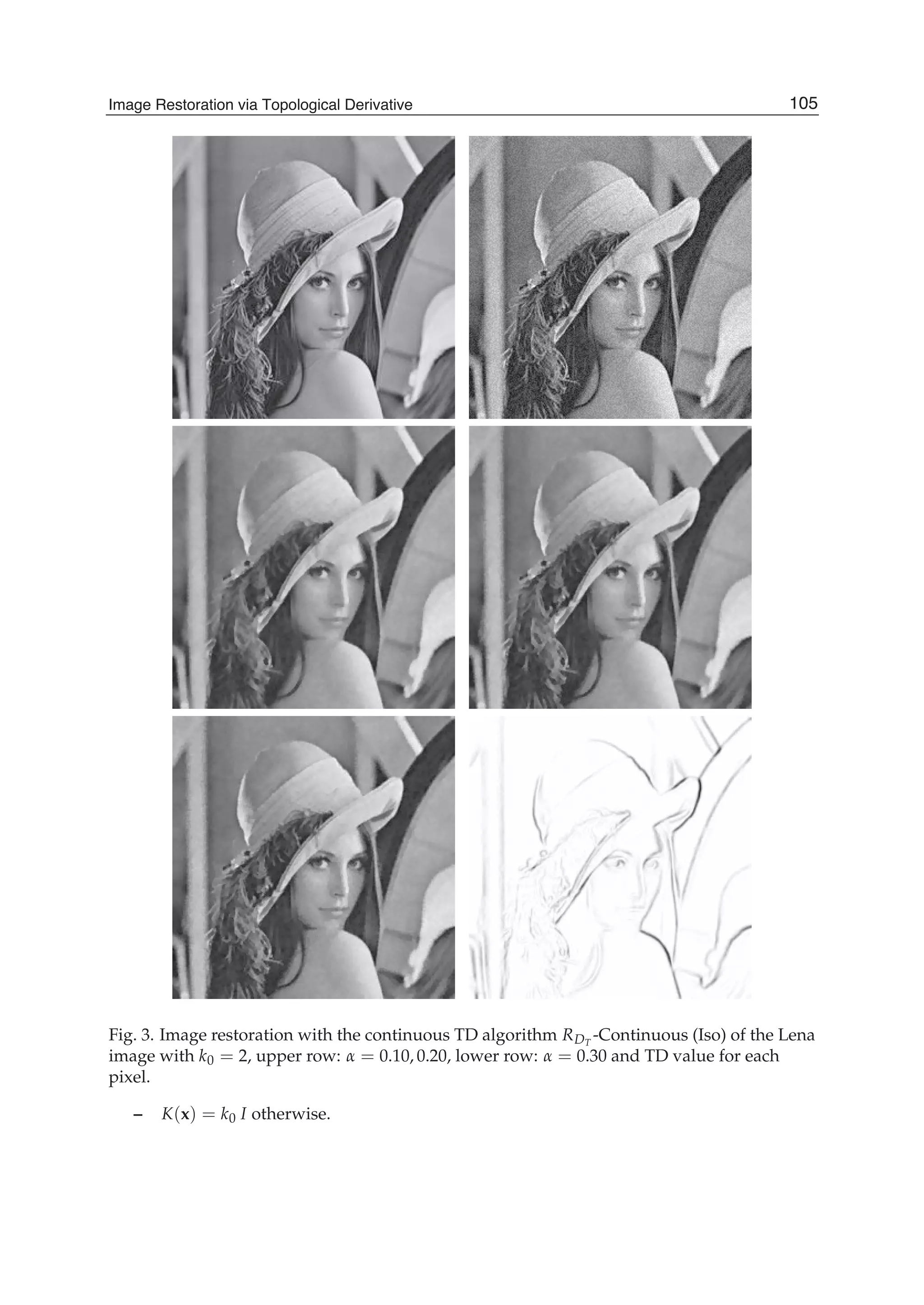 Image Restoration Via Topological Derivative 9
Fig. 3. Image restoration with the continuous TD algorithm RDT
-Continuous (Iso) of the Lena
image with k0 = 2, upper row: α = 0.10, 0.20, lower row: α = 0.30 and TD value for each
pixel.
– K(x) = k0 I otherwise.
105Image Restoration via Topological Derivative
 