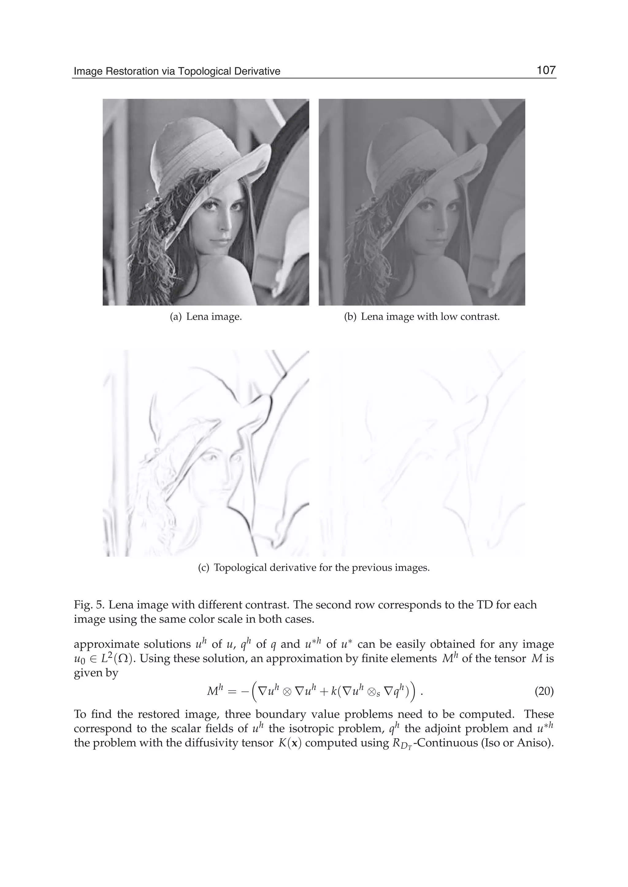 Image Restoration Via Topological Derivative 11
(a) Lena image. (b) Lena image with low contrast.
(c) Topological derivative for the previous images.
Fig. 5. Lena image with different contrast. The second row corresponds to the TD for each
image using the same color scale in both cases.
approximate solutions uh of u, qh of q and u∗h of u∗ can be easily obtained for any image
u0 ∈ L2(Ω). Using these solution, an approximation by ﬁnite elements Mh of the tensor M is
given by
Mh
= − ∇uh
⊗ ∇uh
+ k(∇uh
⊗s ∇qh
) . (20)
To ﬁnd the restored image, three boundary value problems need to be computed. These
correspond to the scalar ﬁelds of uh the isotropic problem, qh the adjoint problem and u∗h
the problem with the diffusivity tensor K(x) computed using RDT
-Continuous (Iso or Aniso).
107Image Restoration via Topological Derivative
 