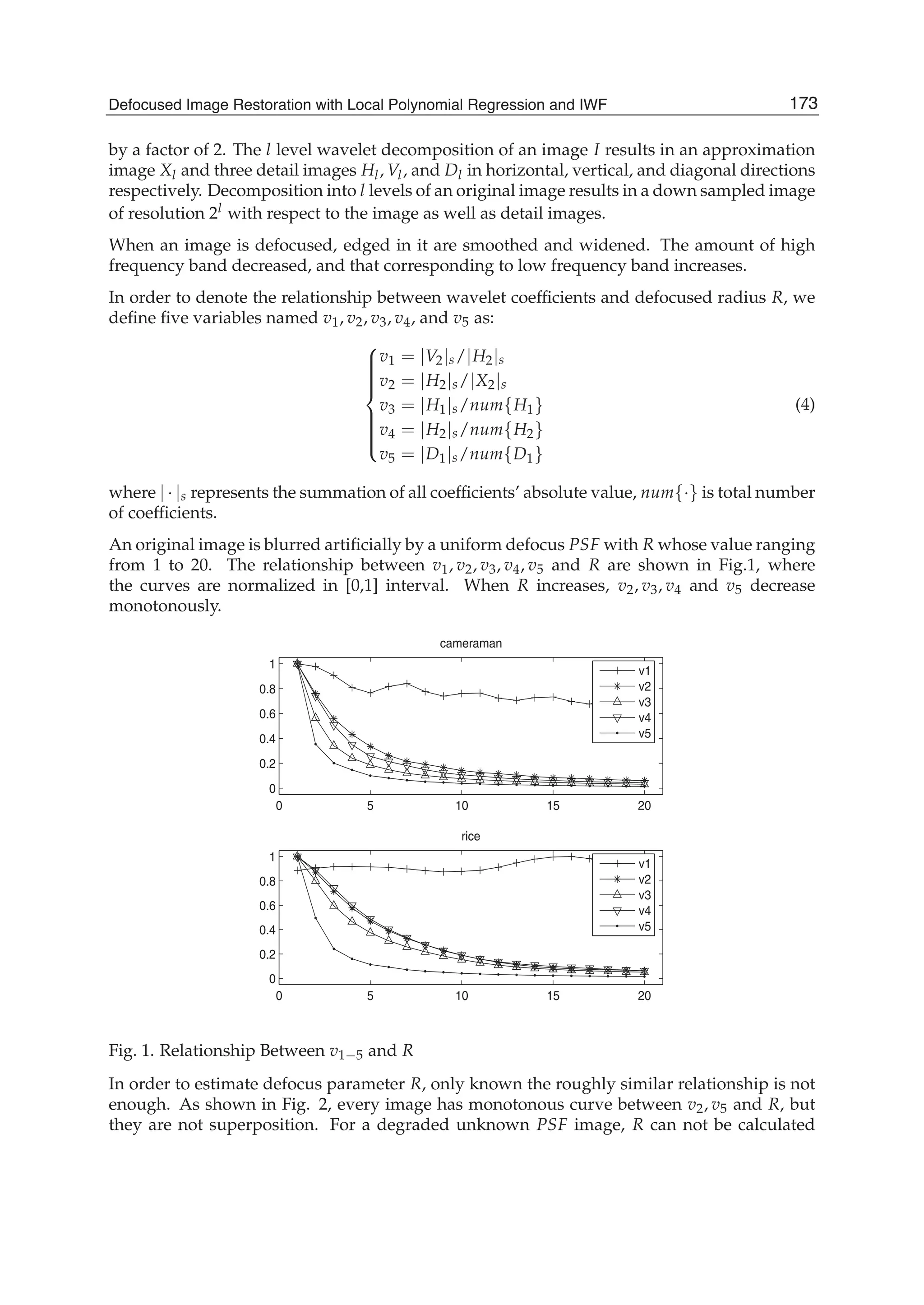 Defocused Image Restoration with Local Polynomial Regression and IWF 3
by a factor of 2. The l level wavelet decomposition of an image I results in an approximation
image Xl and three detail images Hl, Vl, and Dl in horizontal, vertical, and diagonal directions
respectively. Decomposition into l levels of an original image results in a down sampled image
of resolution 2l with respect to the image as well as detail images.
When an image is defocused, edged in it are smoothed and widened. The amount of high
frequency band decreased, and that corresponding to low frequency band increases.
In order to denote the relationship between wavelet coefﬁcients and defocused radius R, we
deﬁne ﬁve variables named v1, v2, v3, v4, and v5 as:
⎧
⎪⎪⎪⎪⎪⎨
⎪⎪⎪⎪⎪⎩
v1 = |V2|s/|H2|s
v2 = |H2|s/|X2|s
v3 = |H1|s/num{H1}
v4 = |H2|s/num{H2}
v5 = |D1|s/num{D1}
(4)
where | · |s represents the summation of all coefﬁcients’ absolute value, num{·} is total number
of coefﬁcients.
An original image is blurred artiﬁcially by a uniform defocus PSF with R whose value ranging
from 1 to 20. The relationship between v1, v2, v3, v4, v5 and R are shown in Fig.1, where
the curves are normalized in [0,1] interval. When R increases, v2, v3, v4 and v5 decrease
monotonously.
0 5 10 15 20
0
0.2
0.4
0.6
0.8
1
cameraman
v1
v2
v3
v4
v5
0 5 10 15 20
0
0.2
0.4
0.6
0.8
1
rice
v1
v2
v3
v4
v5
Fig. 1. Relationship Between v1−5 and R
In order to estimate defocus parameter R, only known the roughly similar relationship is not
enough. As shown in Fig. 2, every image has monotonous curve between v2, v5 and R, but
they are not superposition. For a degraded unknown PSF image, R can not be calculated
173Defocused Image Restoration with Local Polynomial Regression and IWF
 
