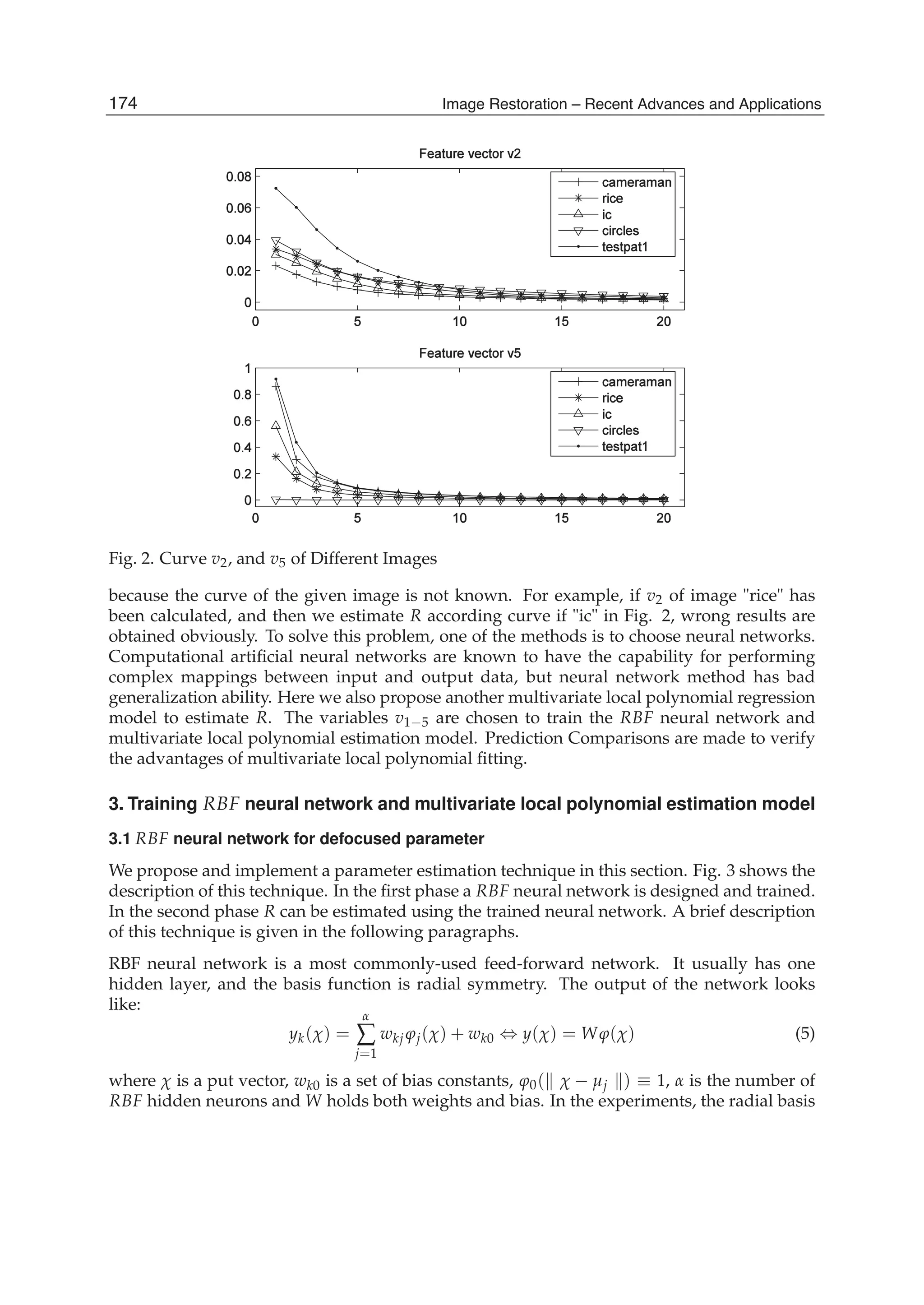 4 Image Restoration
Fig. 2. Curve v2, and v5 of Different Images
because the curve of the given image is not known. For example, if v2 of image "rice" has
been calculated, and then we estimate R according curve if "ic" in Fig. 2, wrong results are
obtained obviously. To solve this problem, one of the methods is to choose neural networks.
Computational artiﬁcial neural networks are known to have the capability for performing
complex mappings between input and output data, but neural network method has bad
generalization ability. Here we also propose another multivariate local polynomial regression
model to estimate R. The variables v1−5 are chosen to train the RBF neural network and
multivariate local polynomial estimation model. Prediction Comparisons are made to verify
the advantages of multivariate local polynomial ﬁtting.
3. Training RBF neural network and multivariate local polynomial estimation model
3.1 RBF neural network for defocused parameter
We propose and implement a parameter estimation technique in this section. Fig. 3 shows the
description of this technique. In the ﬁrst phase a RBF neural network is designed and trained.
In the second phase R can be estimated using the trained neural network. A brief description
of this technique is given in the following paragraphs.
RBF neural network is a most commonly-used feed-forward network. It usually has one
hidden layer, and the basis function is radial symmetry. The output of the network looks
like:
yk(χ) =
α
∑
j=1
wkj ϕj(χ) + wk0 ⇔ y(χ) = Wϕ(χ) (5)
where χ is a put vector, wk0 is a set of bias constants, ϕ0( χ − μj ) ≡ 1, α is the number of
RBF hidden neurons and W holds both weights and bias. In the experiments, the radial basis
174 Image Restoration – Recent Advances and Applications
 