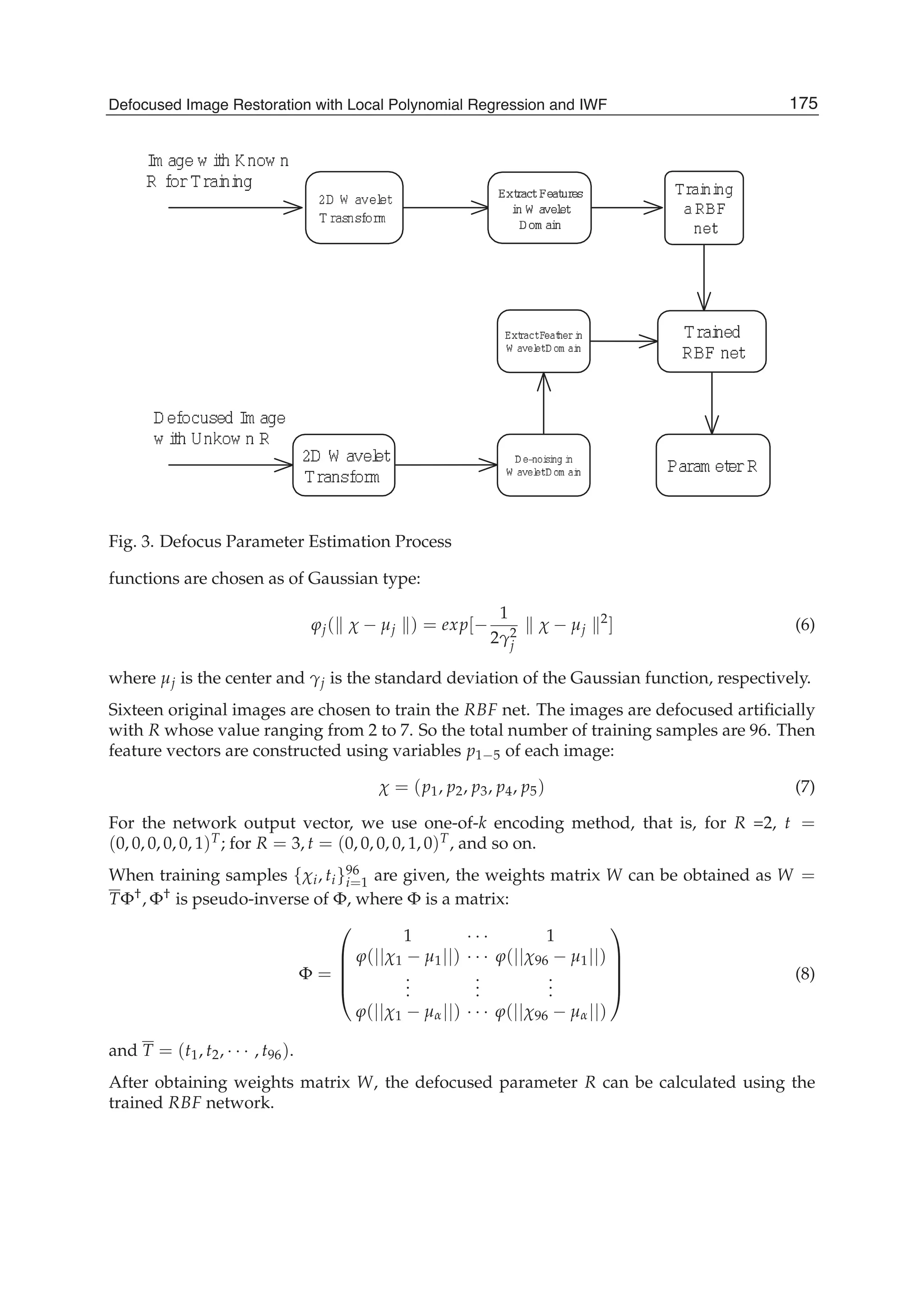 Defocused Image Restoration with Local Polynomial Regression and IWF 5
Fig. 3. Defocus Parameter Estimation Process
functions are chosen as of Gaussian type:
ϕj( χ − μj ) = exp[−
1
2γ2
j
χ − μj
2
] (6)
where μj is the center and γj is the standard deviation of the Gaussian function, respectively.
Sixteen original images are chosen to train the RBF net. The images are defocused artiﬁcially
with R whose value ranging from 2 to 7. So the total number of training samples are 96. Then
feature vectors are constructed using variables p1−5 of each image:
χ = (p1, p2, p3, p4, p5) (7)
For the network output vector, we use one-of-k encoding method, that is, for R =2, t =
(0, 0, 0, 0, 0, 1)T; for R = 3, t = (0, 0, 0, 0, 1, 0)T, and so on.
When training samples {χi, ti}96
i=1 are given, the weights matrix W can be obtained as W =
TΦ†, Φ† is pseudo-inverse of Φ, where Φ is a matrix:
Φ =
⎛
⎜
⎜
⎜
⎝
1 · · · 1
ϕ(||χ1 − μ1||) · · · ϕ(||χ96 − μ1||)
...
...
...
ϕ(||χ1 − μα||) · · · ϕ(||χ96 − μα||)
⎞
⎟
⎟
⎟
⎠
(8)
and T = (t1, t2, · · · , t96).
After obtaining weights matrix W, the defocused parameter R can be calculated using the
trained RBF network.
175Defocused Image Restoration with Local Polynomial Regression and IWF
 