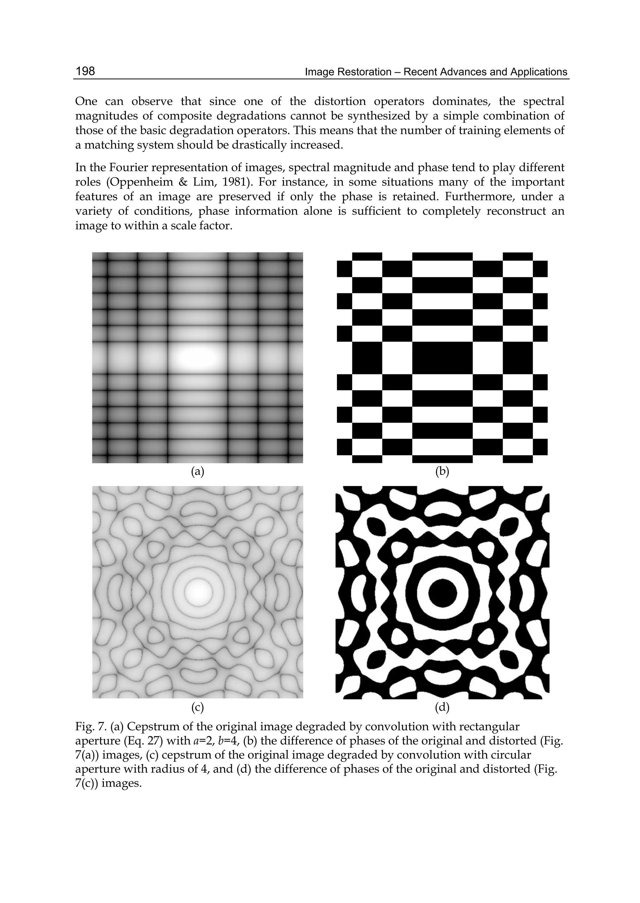 Image Restoration – Recent Advances and Applications198
One can observe that since one of the distortion operators dominates, the spectral
magnitudes of composite degradations cannot be synthesized by a simple combination of
those of the basic degradation operators. This means that the number of training elements of
a matching system should be drastically increased.
In the Fourier representation of images, spectral magnitude and phase tend to play different
roles (Oppenheim & Lim, 1981). For instance, in some situations many of the important
features of an image are preserved if only the phase is retained. Furthermore, under a
variety of conditions, phase information alone is sufficient to completely reconstruct an
image to within a scale factor.
(a) (b)
(c) (d)
Fig. 7. (a) Cepstrum of the original image degraded by convolution with rectangular
aperture (Eq. 27) with a=2, b=4, (b) the difference of phases of the original and distorted (Fig.
7(a)) images, (c) cepstrum of the original image degraded by convolution with circular
aperture with radius of 4, and (d) the difference of phases of the original and distorted (Fig.
7(c)) images.
 