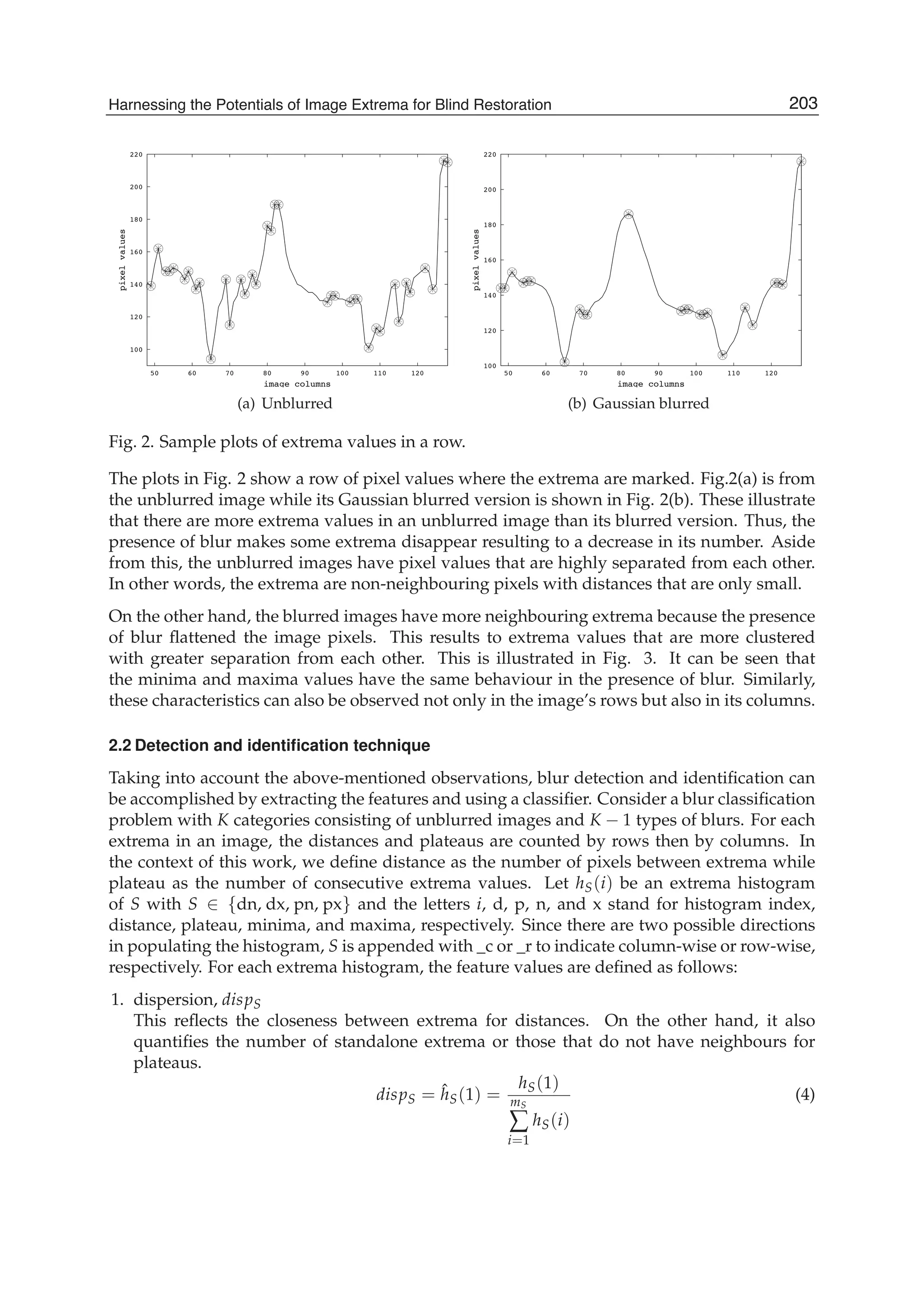 Harnessing the Potentials of Image Extrema for Blind Restoration 3
100
120
140
160
180
200
220
50 60 70 80 90 100 110 120
pixelvalues
image columns
(a) Unblurred
100
120
140
160
180
200
220
50 60 70 80 90 100 110 120
pixelvalues
image columns
(b) Gaussian blurred
Fig. 2. Sample plots of extrema values in a row.
The plots in Fig. 2 show a row of pixel values where the extrema are marked. Fig.2(a) is from
the unblurred image while its Gaussian blurred version is shown in Fig. 2(b). These illustrate
that there are more extrema values in an unblurred image than its blurred version. Thus, the
presence of blur makes some extrema disappear resulting to a decrease in its number. Aside
from this, the unblurred images have pixel values that are highly separated from each other.
In other words, the extrema are non-neighbouring pixels with distances that are only small.
On the other hand, the blurred images have more neighbouring extrema because the presence
of blur ﬂattened the image pixels. This results to extrema values that are more clustered
with greater separation from each other. This is illustrated in Fig. 3. It can be seen that
the minima and maxima values have the same behaviour in the presence of blur. Similarly,
these characteristics can also be observed not only in the image’s rows but also in its columns.
2.2 Detection and identiﬁcation technique
Taking into account the above-mentioned observations, blur detection and identiﬁcation can
be accomplished by extracting the features and using a classiﬁer. Consider a blur classiﬁcation
problem with K categories consisting of unblurred images and K − 1 types of blurs. For each
extrema in an image, the distances and plateaus are counted by rows then by columns. In
the context of this work, we deﬁne distance as the number of pixels between extrema while
plateau as the number of consecutive extrema values. Let hS(i) be an extrema histogram
of S with S ∈ {dn, dx, pn, px} and the letters i, d, p, n, and x stand for histogram index,
distance, plateau, minima, and maxima, respectively. Since there are two possible directions
in populating the histogram, S is appended with _c or _r to indicate column-wise or row-wise,
respectively. For each extrema histogram, the feature values are deﬁned as follows:
1. dispersion, dispS
This reﬂects the closeness between extrema for distances. On the other hand, it also
quantiﬁes the number of standalone extrema or those that do not have neighbours for
plateaus.
dispS = ˆhS(1) =
hS(1)
mS
∑
i=1
hS(i)
(4)
203Harnessing the Potentials of Image Extrema for Blind Restoration
 
