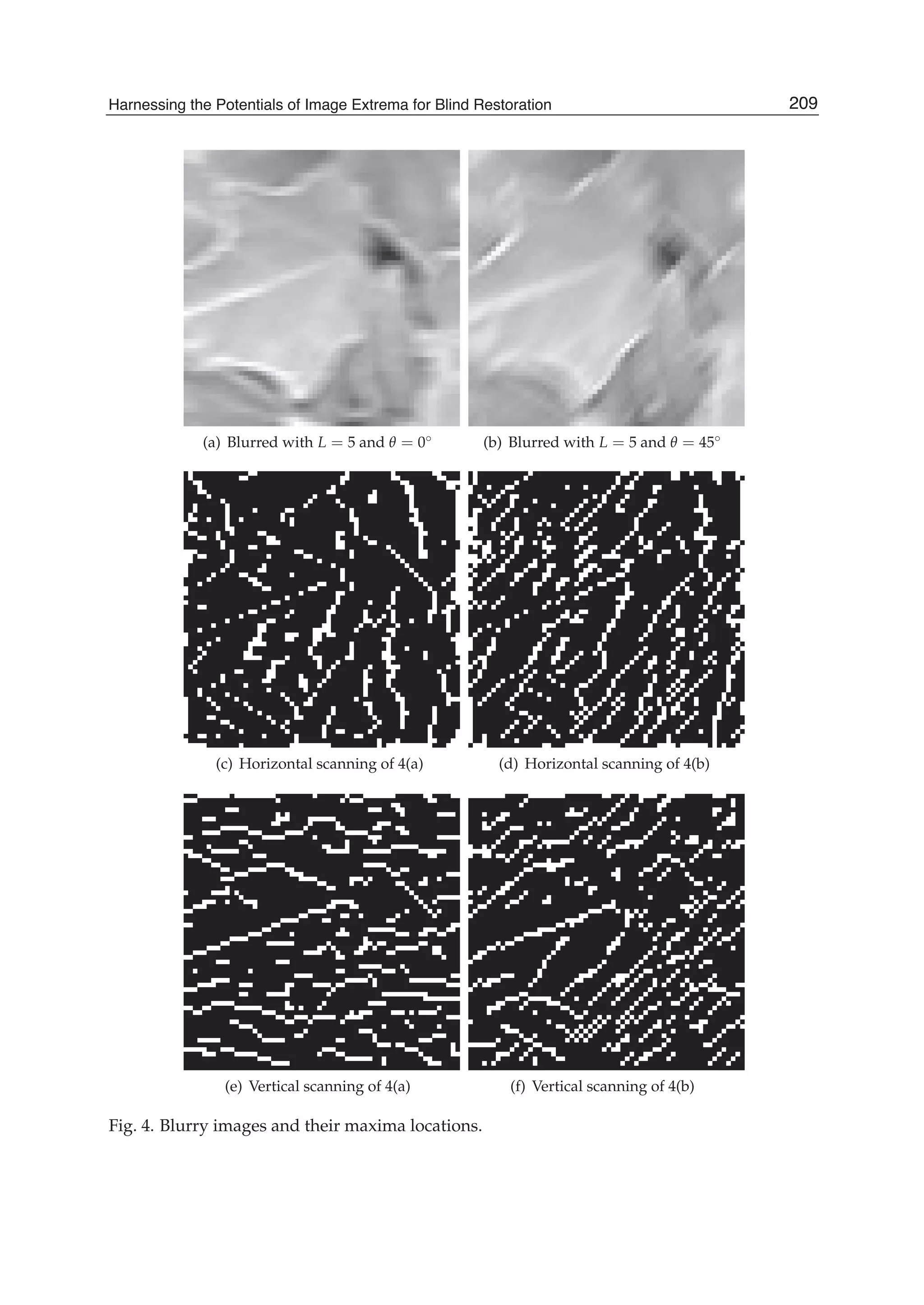 Harnessing the Potentials of Image Extrema for Blind Restoration 9
(a) Blurred with L = 5 and θ = 0◦ (b) Blurred with L = 5 and θ = 45◦
(c) Horizontal scanning of 4(a) (d) Horizontal scanning of 4(b)
(e) Vertical scanning of 4(a) (f) Vertical scanning of 4(b)
Fig. 4. Blurry images and their maxima locations.
209Harnessing the Potentials of Image Extrema for Blind Restoration
 