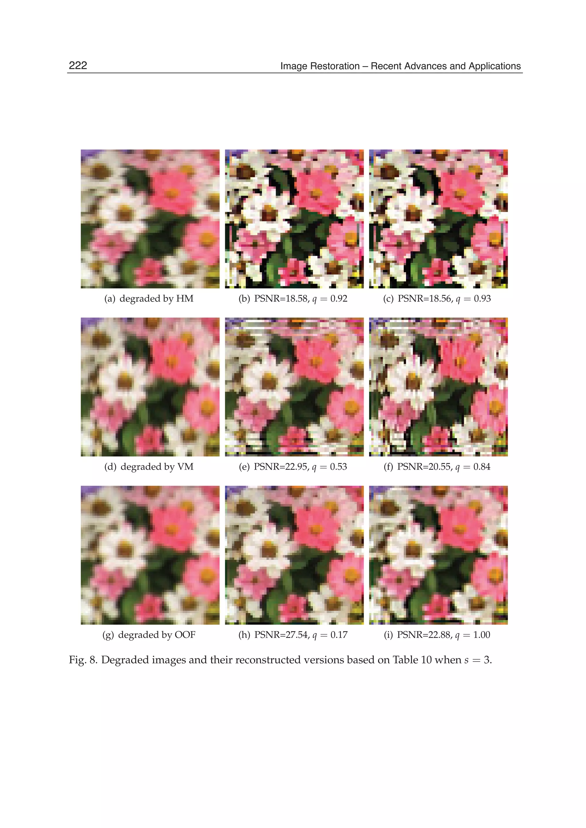 22 Will-be-set-by-IN-TECH
(a) degraded by HM (b) PSNR=18.58, q = 0.92 (c) PSNR=18.56, q = 0.93
(d) degraded by VM (e) PSNR=22.95, q = 0.53 (f) PSNR=20.55, q = 0.84
(g) degraded by OOF (h) PSNR=27.54, q = 0.17 (i) PSNR=22.88, q = 1.00
Fig. 8. Degraded images and their reconstructed versions based on Table 10 when s = 3.
222 Image Restoration – Recent Advances and Applications
 
