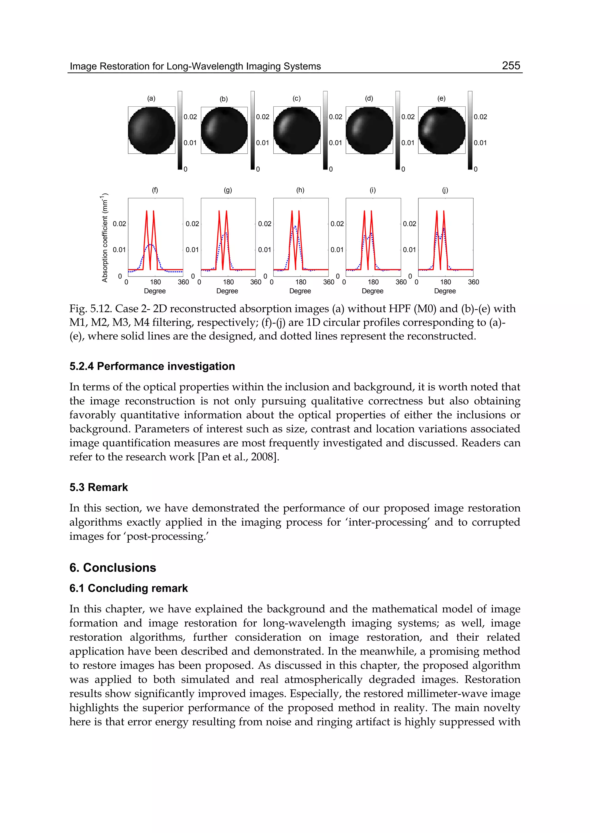 Image Restoration for Long-Wavelength Imaging Systems 255
0 180 360
0
0.01
0.02
(f)
Degree
Absorptioncoefficient(mm-1
)
(b)
0
0.01
0.02
0 180 360
0
0.01
0.02
(g)
Degree
(c)
0
0.01
0.02
0 180 360
0
0.01
0.02
(h)
Degree
(d)
0
0.01
0.02
0 180 360
0
0.01
0.02
(i)
Degree
(a)
0
0.01
0.02
(e)
0
0.01
0.02
0 180 360
0
0.01
0.02
(j)
Degree
Fig. 5.12. Case 2- 2D reconstructed absorption images (a) without HPF (M0) and (b)-(e) with
M1, M2, M3, M4 filtering, respectively; (f)-(j) are 1D circular profiles corresponding to (a)-
(e), where solid lines are the designed, and dotted lines represent the reconstructed.
5.2.4 Performance investigation
In terms of the optical properties within the inclusion and background, it is worth noted that
the image reconstruction is not only pursuing qualitative correctness but also obtaining
favorably quantitative information about the optical properties of either the inclusions or
background. Parameters of interest such as size, contrast and location variations associated
image quantification measures are most frequently investigated and discussed. Readers can
refer to the research work [Pan et al., 2008].
5.3 Remark
In this section, we have demonstrated the performance of our proposed image restoration
algorithms exactly applied in the imaging process for ‘inter-processing’ and to corrupted
images for ‘post-processing.’
6. Conclusions
6.1 Concluding remark
In this chapter, we have explained the background and the mathematical model of image
formation and image restoration for long-wavelength imaging systems; as well, image
restoration algorithms, further consideration on image restoration, and their related
application have been described and demonstrated. In the meanwhile, a promising method
to restore images has been proposed. As discussed in this chapter, the proposed algorithm
was applied to both simulated and real atmospherically degraded images. Restoration
results show significantly improved images. Especially, the restored millimeter-wave image
highlights the superior performance of the proposed method in reality. The main novelty
here is that error energy resulting from noise and ringing artifact is highly suppressed with
 