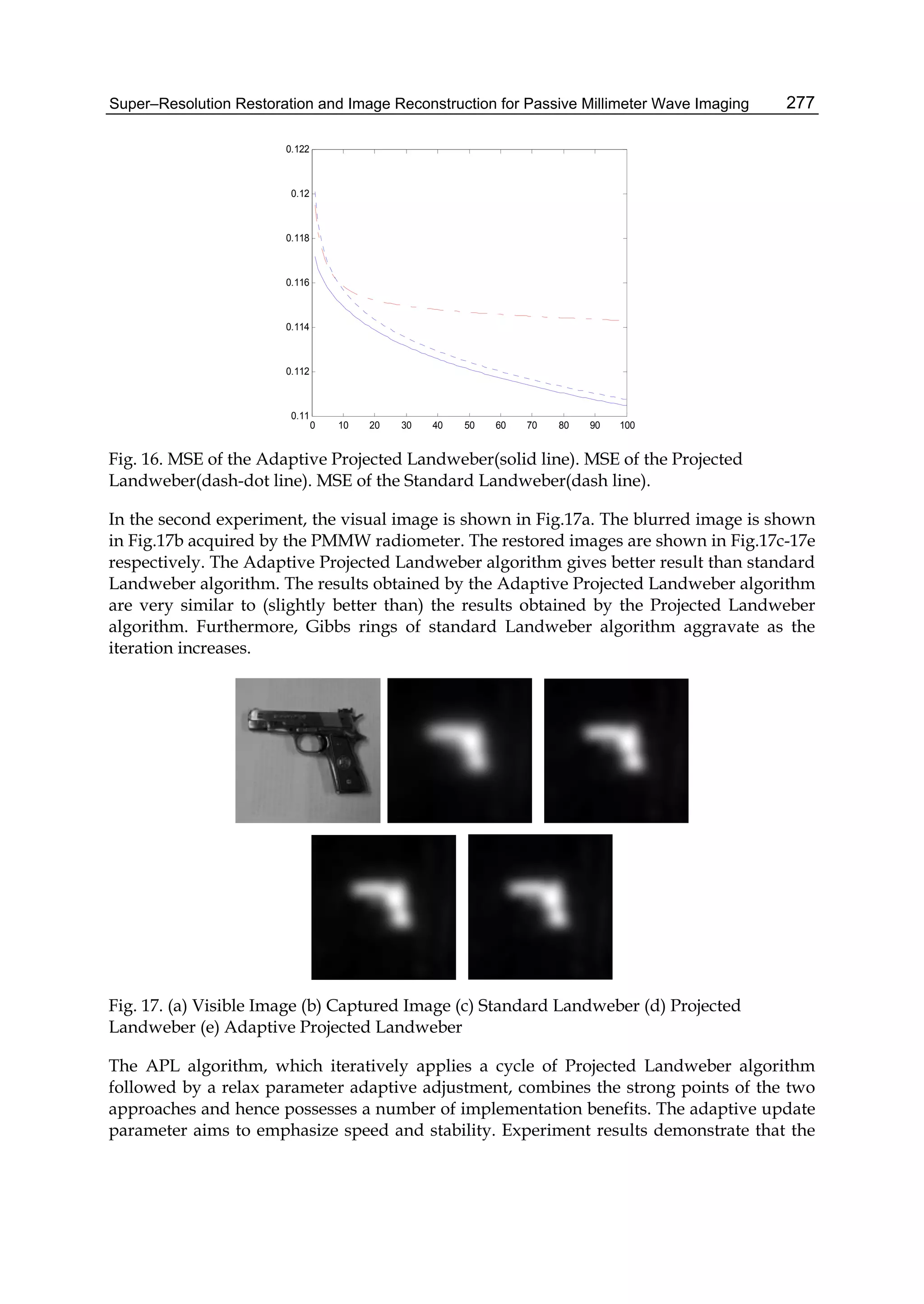 Super–Resolution Restoration and Image Reconstruction for Passive Millimeter Wave Imaging 277
0 10 20 30 40 50 60 70 80 90 100
0.11
0.112
0.114
0.116
0.118
0.12
0.122
Fig. 16. MSE of the Adaptive Projected Landweber(solid line). MSE of the Projected
Landweber(dash-dot line). MSE of the Standard Landweber(dash line).
In the second experiment, the visual image is shown in Fig.17a. The blurred image is shown
in Fig.17b acquired by the PMMW radiometer. The restored images are shown in Fig.17c-17e
respectively. The Adaptive Projected Landweber algorithm gives better result than standard
Landweber algorithm. The results obtained by the Adaptive Projected Landweber algorithm
are very similar to (slightly better than) the results obtained by the Projected Landweber
algorithm. Furthermore, Gibbs rings of standard Landweber algorithm aggravate as the
iteration increases.
Fig. 17. (a) Visible Image (b) Captured Image (c) Standard Landweber (d) Projected
Landweber (e) Adaptive Projected Landweber
The APL algorithm, which iteratively applies a cycle of Projected Landweber algorithm
followed by a relax parameter adaptive adjustment, combines the strong points of the two
approaches and hence possesses a number of implementation benefits. The adaptive update
parameter aims to emphasize speed and stability. Experiment results demonstrate that the
 