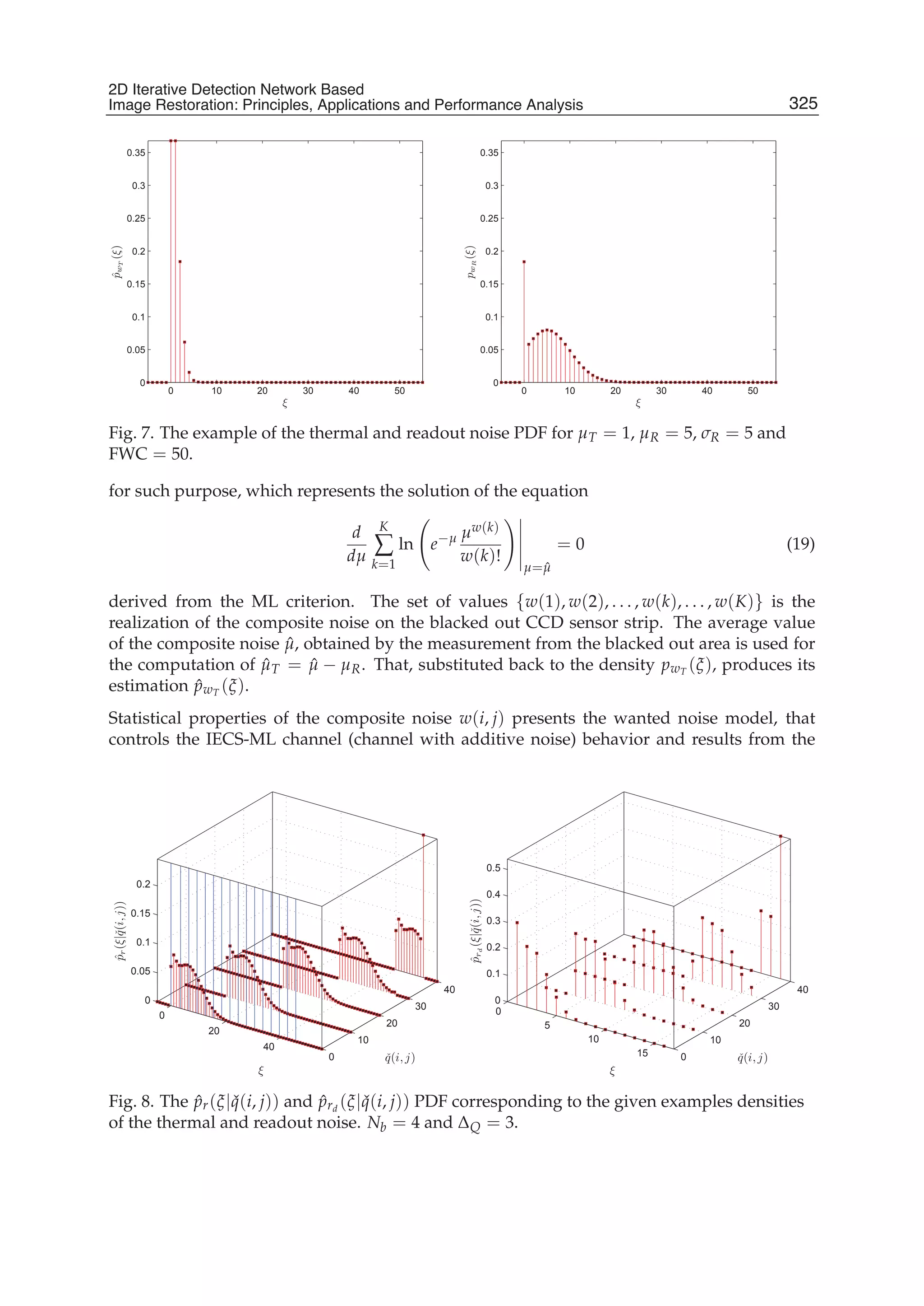 2D Iterative Detection Network Based Image Restoration: Principles, Applications and Performace Analysis 11
0 10 20 30 40 50
0
0.05
0.1
0.15
0.2
0.25
0.3
0.35
ξ
ˆpwT
(ξ)
0 10 20 30 40 50
0
0.05
0.1
0.15
0.2
0.25
0.3
0.35
ξ
pwR
(ξ)
Fig. 7. The example of the thermal and readout noise PDF for μT = 1, μR = 5, σR = 5 and
FWC = 50.
for such purpose, which represents the solution of the equation
d
dμ
K
∑
k=1
ln e−μ μw(k)
w(k)!
μ= ˆμ
= 0 (19)
derived from the ML criterion. The set of values {w(1), w(2), . . . , w(k), . . . , w(K)} is the
realization of the composite noise on the blacked out CCD sensor strip. The average value
of the composite noise ˆμ, obtained by the measurement from the blacked out area is used for
the computation of ˆμT = ˆμ − μR. That, substituted back to the density pwT (ξ), produces its
estimation ˆpwT (ξ).
Statistical properties of the composite noise w(i, j) presents the wanted noise model, that
controls the IECS-ML channel (channel with additive noise) behavior and results from the
0
20
40
0
10
20
30
40
0
0.05
0.1
0.15
0.2
ˇq(i,j)
ξ
ˆpr(ξ|ˇq(i,j))
0
5
10
15 0
10
20
30
40
0
0.1
0.2
0.3
0.4
0.5
ˇq(i,j)
ξ
ˆprd
(ξ|ˇq(i,j))
Fig. 8. The ˆpr(ξ| ˇq(i, j)) and ˆprd
(ξ| ˇq(i, j)) PDF corresponding to the given examples densities
of the thermal and readout noise. Nb = 4 and ΔQ = 3.
325
2D Iterative Detection Network Based
Image Restoration: Principles, Applications and Performance Analysis
 
