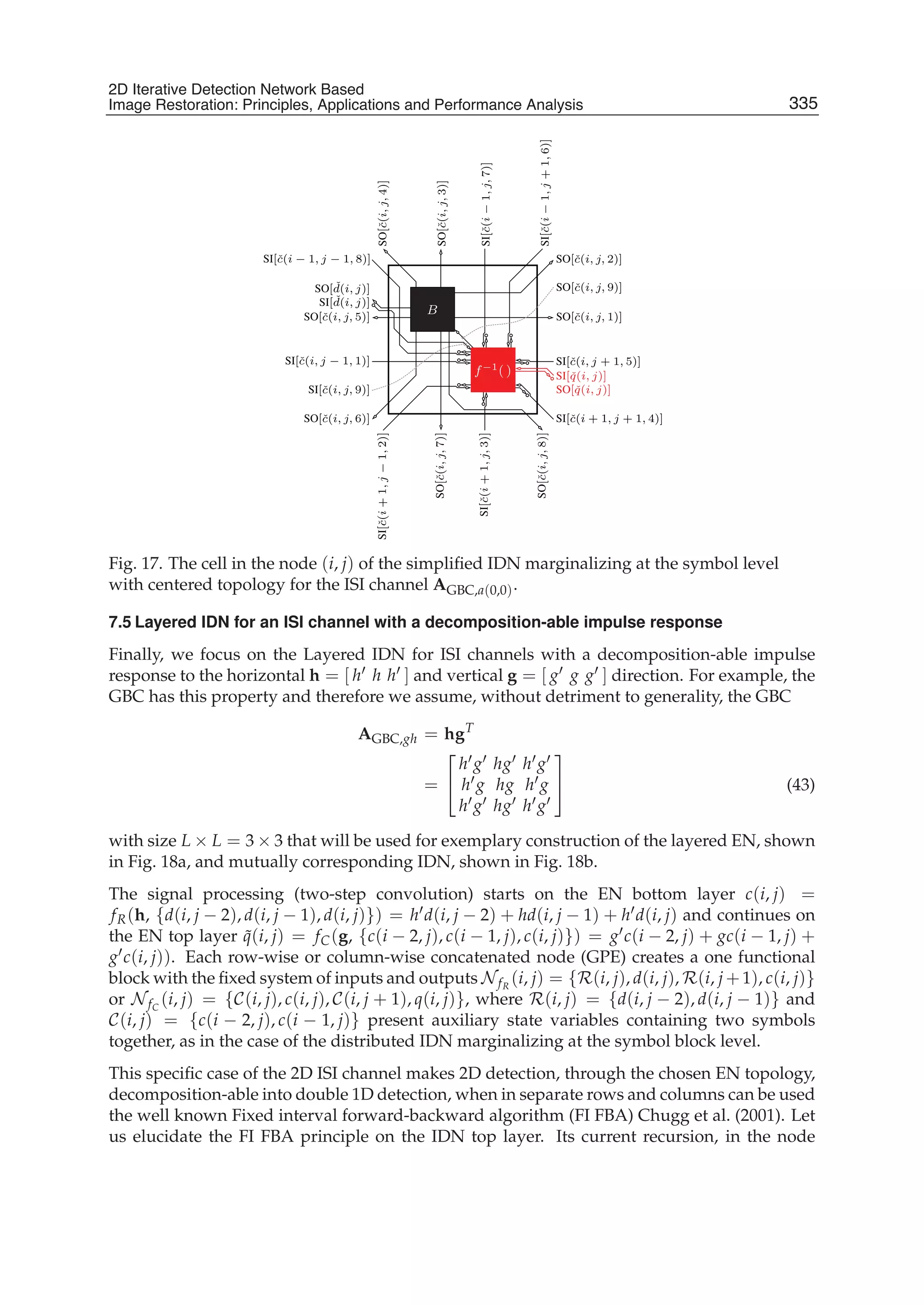 2D Iterative Detection Network Based Image Restoration: Principles, Applications and Performace Analysis 21
SO[ˇq(i, j)]
SI[ˇq(i, j)]
SO[ ˇd(i, j)]
SI[ ˇd(i, j)]
SO[ˇc(i,j,8)]
SO[ˇc(i, j, 5)]
SO[ˇc(i,j,4)]
SO[ˇc(i,j,3)]
SO[ˇc(i, j, 2)]
SI[ˇc(i−1,j+1,6)]
SI[ˇc(i−1,j,7)]
SI[ˇc(i − 1, j − 1, 8)]
SI[ˇc(i, j − 1, 1)]
SO[ˇc(i, j, 6)]
SO[ˇc(i, j, 1)]
SI[ˇc(i, j + 1, 5)]
SI[ˇc(i + 1, j + 1, 4)]
SI[ˇc(i+1,j,3)]
SI[ˇc(i+1,j−1,2)]
SO[ˇc(i, j, 9)]
SI[ˇc(i, j, 9)]
SO[ˇc(i,j,7)]
B
f−1( )
Fig. 17. The cell in the node (i, j) of the simpliﬁed IDN marginalizing at the symbol level
with centered topology for the ISI channel AGBC,a(0,0).
7.5 Layered IDN for an ISI channel with a decomposition-able impulse response
Finally, we focus on the Layered IDN for ISI channels with a decomposition-able impulse
response to the horizontal h = [ h h h ] and vertical g = [ g g g ] direction. For example, the
GBC has this property and therefore we assume, without detriment to generality, the GBC
AGBC,gh = hgT
=
⎡
⎣
h g hg h g
h g hg h g
h g hg h g
⎤
⎦ (43)
with size L × L = 3 × 3 that will be used for exemplary construction of the layered EN, shown
in Fig. 18a, and mutually corresponding IDN, shown in Fig. 18b.
The signal processing (two-step convolution) starts on the EN bottom layer c(i, j) =
fR(h, {d(i, j − 2), d(i, j − 1), d(i, j)}) = h d(i, j − 2) + hd(i, j − 1) + h d(i, j) and continues on
the EN top layer ˜q(i, j) = fC(g, {c(i − 2, j), c(i − 1, j), c(i, j)}) = g c(i − 2, j) + gc(i − 1, j) +
g c(i, j)). Each row-wise or column-wise concatenated node (GPE) creates a one functional
block with the ﬁxed system of inputs and outputs NfR
(i, j) = {R(i, j), d(i, j), R(i, j +1), c(i, j)}
or NfC
(i, j) = {C(i, j), c(i, j), C(i, j + 1), q(i, j)}, where R(i, j) = {d(i, j − 2), d(i, j − 1)} and
C(i, j) = {c(i − 2, j), c(i − 1, j)} present auxiliary state variables containing two symbols
together, as in the case of the distributed IDN marginalizing at the symbol block level.
This speciﬁc case of the 2D ISI channel makes 2D detection, through the chosen EN topology,
decomposition-able into double 1D detection, when in separate rows and columns can be used
the well known Fixed interval forward-backward algorithm (FI FBA) Chugg et al. (2001). Let
us elucidate the FI FBA principle on the IDN top layer. Its current recursion, in the node
335
2D Iterative Detection Network Based
Image Restoration: Principles, Applications and Performance Analysis
 