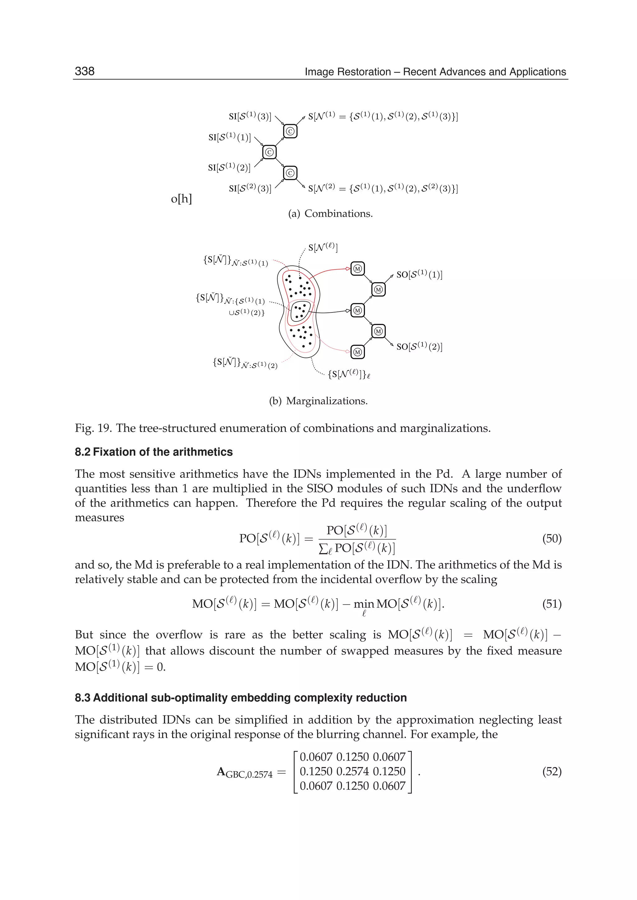 24 Will-be-set-by-IN-TECH
o[h]
S[N(1) = {S(1)(1), S(1)(2), S(1)(3)}]SI[S(1)(3)]
SI[S(2)(3)]
SI[S(1)(2)]
SI[S(1)(1)]
C
C
C
S[N(2) = {S(1)(1), S(1)(2), S(2)(3)}]
(a) Combinations.
∪S(1)(2)}
{S[ ˇN]} ˇN :{S(1)(1)
M
M
M
M
SO[S(1)(1)]
SO[S(1)(2)]
{S[N( )]}
S[N( )]
{S[ ˇN]} ˇN :S(1)(1)
{S[ ˇN]} ˇN :S(1)(2)
M
(b) Marginalizations.
Fig. 19. The tree-structured enumeration of combinations and marginalizations.
8.2 Fixation of the arithmetics
The most sensitive arithmetics have the IDNs implemented in the Pd. A large number of
quantities less than 1 are multiplied in the SISO modules of such IDNs and the underﬂow
of the arithmetics can happen. Therefore the Pd requires the regular scaling of the output
measures
PO[S( )
(k)] =
PO[S( )(k)]
∑ PO[S( )(k)]
(50)
and so, the Md is preferable to a real implementation of the IDN. The arithmetics of the Md is
relatively stable and can be protected from the incidental overﬂow by the scaling
MO[S( )
(k)] = MO[S( )
(k)] − min MO[S( )
(k)]. (51)
But since the overﬂow is rare as the better scaling is MO[S( )(k)] = MO[S( )(k)] −
MO[S(1)(k)] that allows discount the number of swapped measures by the ﬁxed measure
MO[S(1)(k)] = 0.
8.3 Additional sub-optimality embedding complexity reduction
The distributed IDNs can be simpliﬁed in addition by the approximation neglecting least
signiﬁcant rays in the original response of the blurring channel. For example, the
AGBC,0.2574 =
⎡
⎣
0.0607 0.1250 0.0607
0.1250 0.2574 0.1250
0.0607 0.1250 0.0607
⎤
⎦ . (52)
338 Image Restoration – Recent Advances and Applications
 