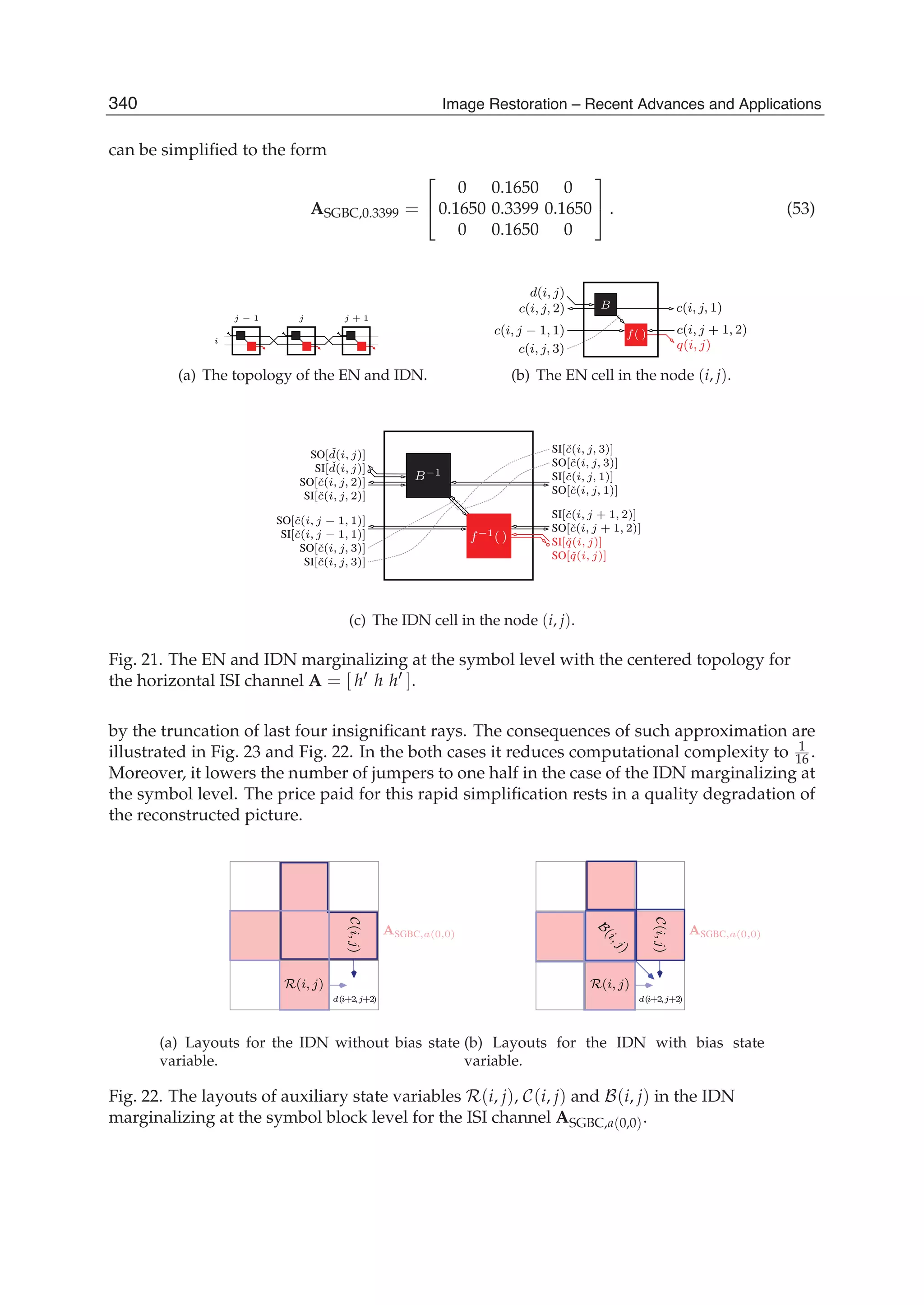 26 Will-be-set-by-IN-TECH
can be simpliﬁed to the form
ASGBC,0.3399 =
⎡
⎣
0 0.1650 0
0.1650 0.3399 0.1650
0 0.1650 0
⎤
⎦ . (53)
j − 1 j j + 1
i
(a) The topology of the EN and IDN.
q(i, j)
c(i, j, 1)
c(i, j − 1, 1)
c(i, j, 2)
c(i, j, 3)
c(i, j + 1, 2)
d(i, j)
B
f( )
(b) The EN cell in the node (i, j).
SO[ˇc(i, j, 2)]
SI[ˇc(i, j, 2)]
SI[ˇc(i, j + 1, 2)]
SO[ˇc(i, j + 1, 2)]
SI[ˇc(i, j, 3)]
SO[ˇc(i, j, 3)]
SI[ˇc(i, j, 3)]
SO[ˇc(i, j, 3)]
SI[ˇc(i, j − 1, 1)]
SO[ˇc(i, j − 1, 1)]
SI[ˇq(i, j)]
SO[ˇq(i, j)]
SO[ˇc(i, j, 1)]
SI[ˇc(i, j, 1)]
SI[ ˇd(i, j)]
SO[ ˇd(i, j)]
B−1
f−1( )
(c) The IDN cell in the node (i, j).
Fig. 21. The EN and IDN marginalizing at the symbol level with the centered topology for
the horizontal ISI channel A = [ h h h ].
by the truncation of last four insigniﬁcant rays. The consequences of such approximation are
illustrated in Fig. 23 and Fig. 22. In the both cases it reduces computational complexity to 1
16 .
Moreover, it lowers the number of jumpers to one half in the case of the IDN marginalizing at
the symbol level. The price paid for this rapid simpliﬁcation rests in a quality degradation of
the reconstructed picture.
d(i+2,j+2)
R(i, j)
ASGBC,a(0,0)
C(i,j)
(a) Layouts for the IDN without bias state
variable.
C(i,j)
B
(i,j)
ASGBC,a(0,0)
R(i, j)
d(i+2,j+2)
(b) Layouts for the IDN with bias state
variable.
Fig. 22. The layouts of auxiliary state variables R(i, j), C(i, j) and B(i, j) in the IDN
marginalizing at the symbol block level for the ISI channel ASGBC,a(0,0).
340 Image Restoration – Recent Advances and Applications
 