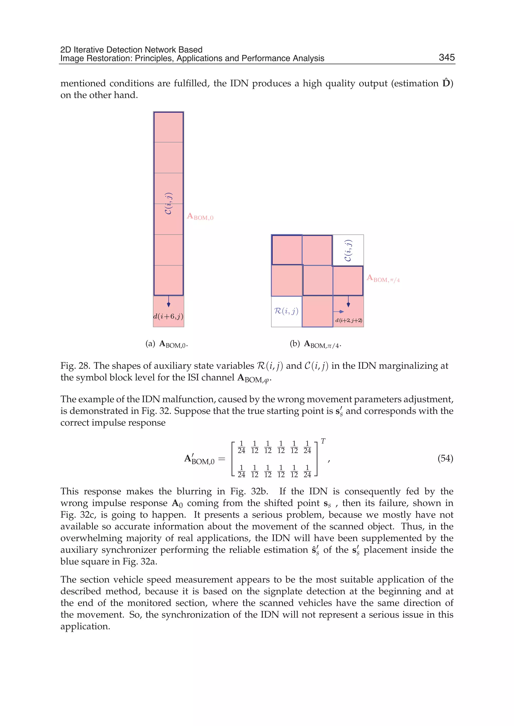 2D Iterative Detection Network Based Image Restoration: Principles, Applications and Performace Analysis 31
mentioned conditions are fulﬁlled, the IDN produces a high quality output (estimation ˆD)
on the other hand.
C(i,j)
d(i+6,j)
ABOM,0
(a) ABOM,0.
d(i+2,j+2)
C(i,j)
R(i, j)
ABOM,π/4
(b) ABOM,π/4.
Fig. 28. The shapes of auxiliary state variables R(i, j) and C(i, j) in the IDN marginalizing at
the symbol block level for the ISI channel ABOM,ϕ.
The example of the IDN malfunction, caused by the wrong movement parameters adjustment,
is demonstrated in Fig. 32. Suppose that the true starting point is ss and corresponds with the
correct impulse response
ABOM,0 =
⎡
⎣
1
24
1
12
1
12
1
12
1
12
1
24
1
24
1
12
1
12
1
12
1
12
1
24
⎤
⎦
T
, (54)
This response makes the blurring in Fig. 32b. If the IDN is consequently fed by the
wrong impulse response A0 coming from the shifted point ss , then its failure, shown in
Fig. 32c, is going to happen. It presents a serious problem, because we mostly have not
available so accurate information about the movement of the scanned object. Thus, in the
overwhelming majority of real applications, the IDN will have been supplemented by the
auxiliary synchronizer performing the reliable estimation ˆss of the ss placement inside the
blue square in Fig. 32a.
The section vehicle speed measurement appears to be the most suitable application of the
described method, because it is based on the signplate detection at the beginning and at
the end of the monitored section, where the scanned vehicles have the same direction of
the movement. So, the synchronization of the IDN will not represent a serious issue in this
application.
345
2D Iterative Detection Network Based
Image Restoration: Principles, Applications and Performance Analysis
 