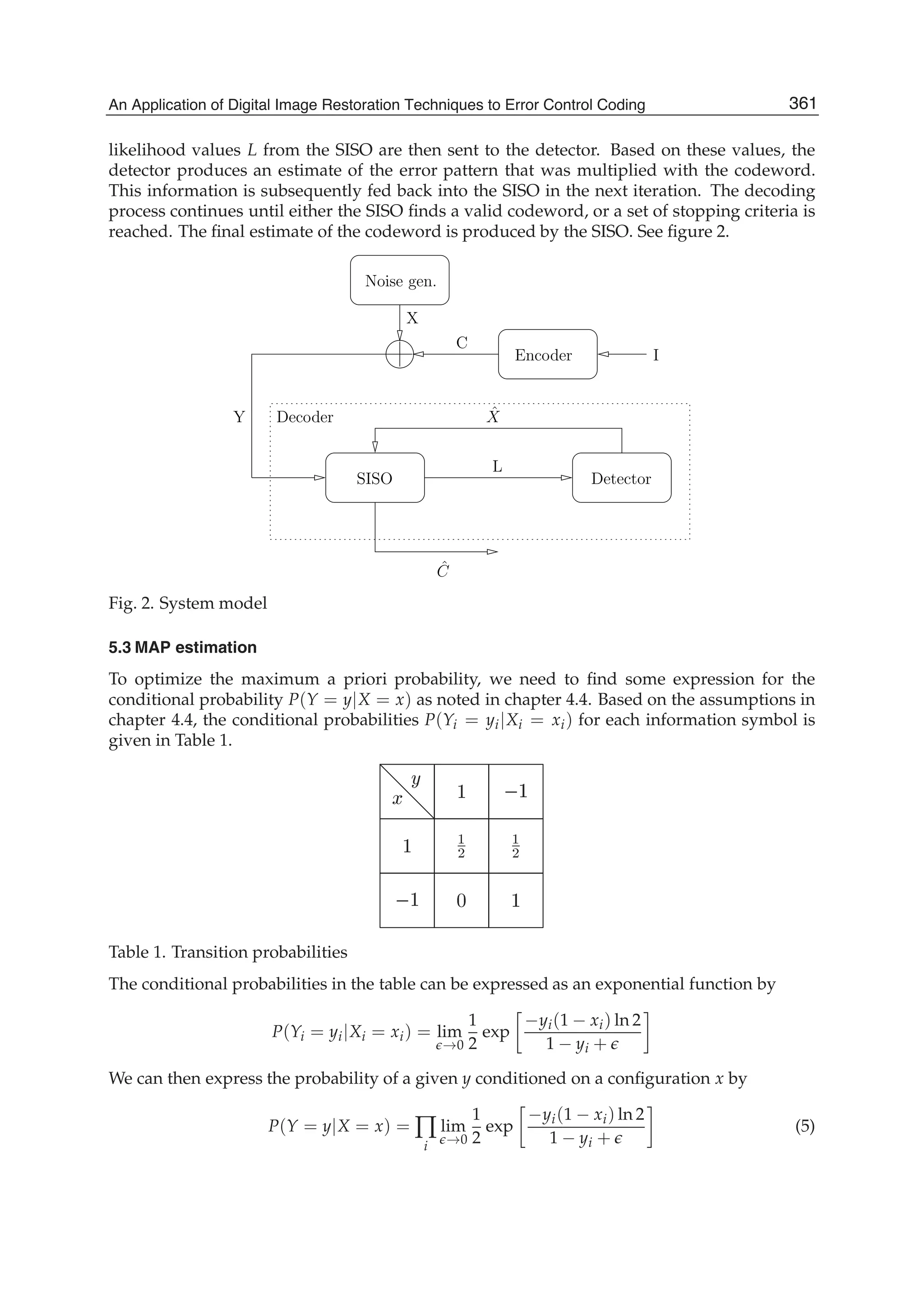 An Application of Digital Image Restoration Techniques to Error Control Coding 9
likelihood values L from the SISO are then sent to the detector. Based on these values, the
detector produces an estimate of the error pattern that was multiplied with the codeword.
This information is subsequently fed back into the SISO in the next iteration. The decoding
process continues until either the SISO ﬁnds a valid codeword, or a set of stopping criteria is
reached. The ﬁnal estimate of the codeword is produced by the SISO. See ﬁgure 2.
SISO
ˆC
ˆX
IEncoder
C
X
Y
Noise gen.
Decoder
Detector
L
Fig. 2. System model
5.3 MAP estimation
To optimize the maximum a priori probability, we need to ﬁnd some expression for the
conditional probability P(Y = y|X = x) as noted in chapter 4.4. Based on the assumptions in
chapter 4.4, the conditional probabilities P(Yi = yi|Xi = xi) for each information symbol is
given in Table 1.
Table 1. Transition probabilities
The conditional probabilities in the table can be expressed as an exponential function by
P(Yi = yi|Xi = xi) = lim
→0
1
2
exp
−yi(1 − xi) ln 2
1 − yi +
We can then express the probability of a given y conditioned on a conﬁguration x by
P(Y = y|X = x) = ∏
i
lim
→0
1
2
exp
−yi(1 − xi) ln 2
1 − yi +
(5)
361An Application of Digital Image Restoration Techniques to Error Control Coding
 