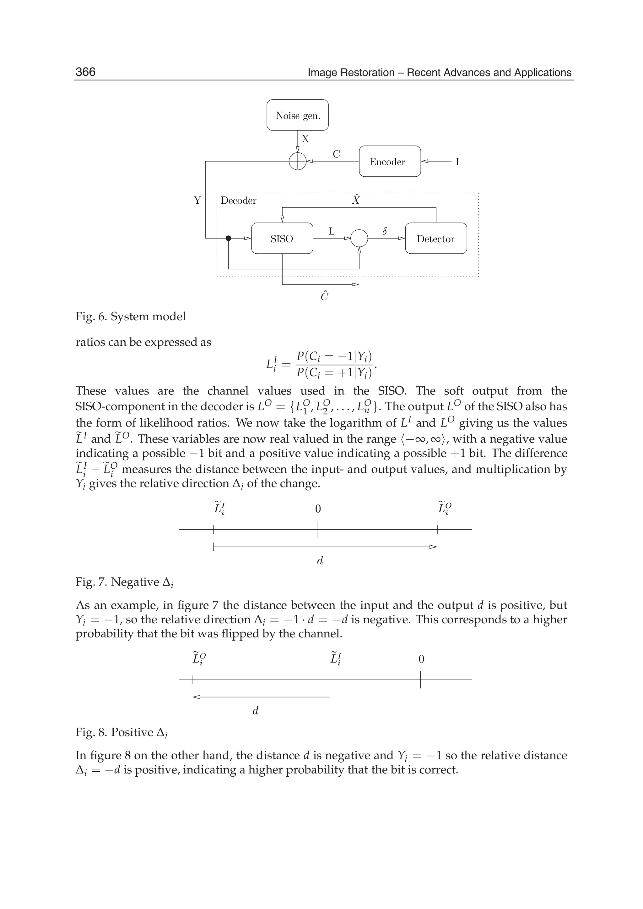 14 Image Restoration
Fig. 6. System model
ratios can be expressed as
LI
i =
P(Ci = −1|Yi)
P(Ci = +1|Yi)
.
These values are the channel values used in the SISO. The soft output from the
SISO-component in the decoder is LO = {LO
1 , LO
2 , . . . , LO
n }. The output LO of the SISO also has
the form of likelihood ratios. We now take the logarithm of LI and LO giving us the values
LI and LO. These variables are now real valued in the range −∞, ∞ , with a negative value
indicating a possible −1 bit and a positive value indicating a possible +1 bit. The difference
LI
i − LO
i measures the distance between the input- and output values, and multiplication by
Yi gives the relative direction Δi of the change.
Fig. 7. Negative Δi
As an example, in ﬁgure 7 the distance between the input and the output d is positive, but
Yi = −1, so the relative direction Δi = −1 · d = −d is negative. This corresponds to a higher
probability that the bit was ﬂipped by the channel.
Fig. 8. Positive Δi
In ﬁgure 8 on the other hand, the distance d is negative and Yi = −1 so the relative distance
Δi = −d is positive, indicating a higher probability that the bit is correct.
366 Image Restoration – Recent Advances and Applications
 