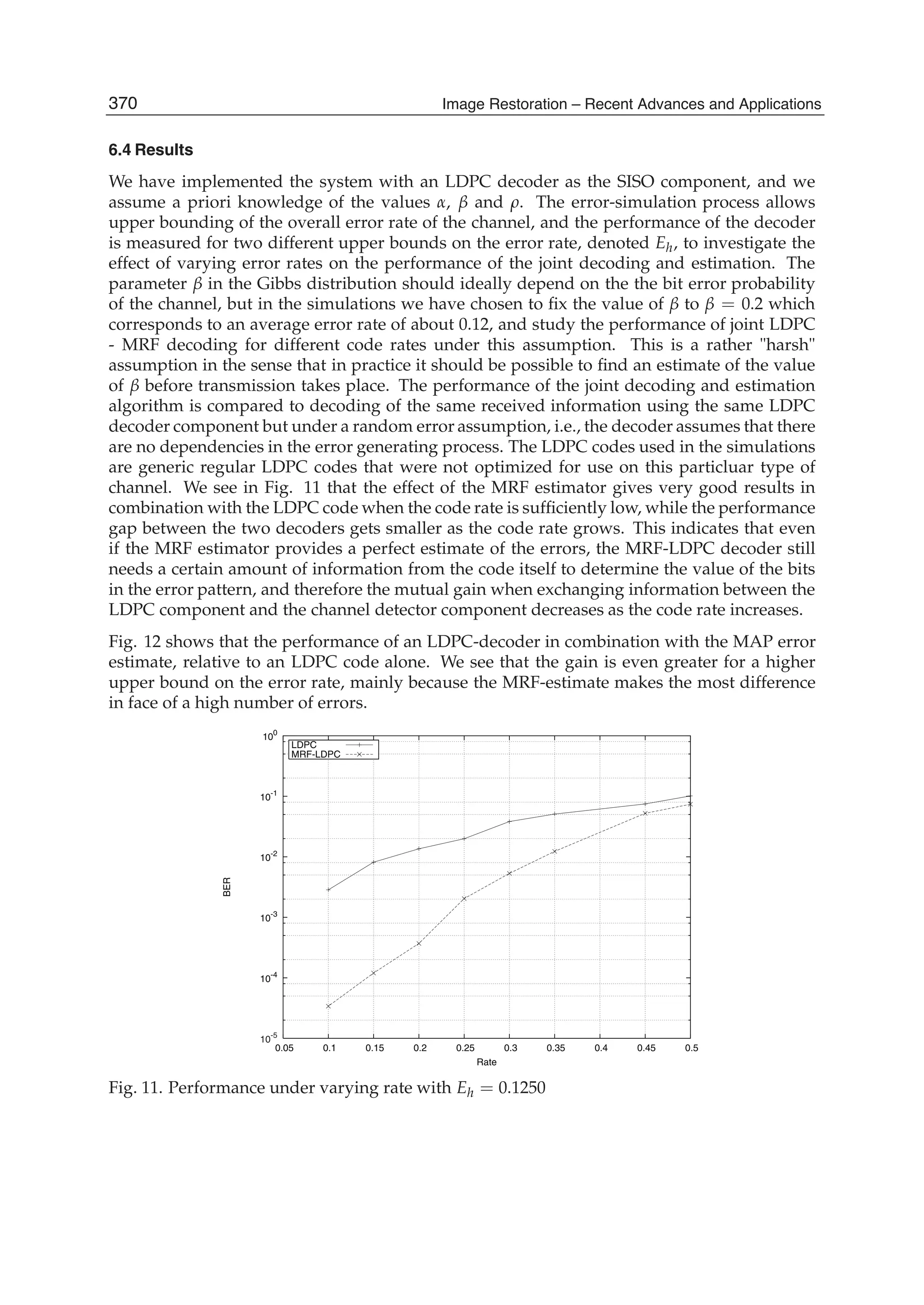 18 Image Restoration
6.4 Results
We have implemented the system with an LDPC decoder as the SISO component, and we
assume a priori knowledge of the values α, β and ρ. The error-simulation process allows
upper bounding of the overall error rate of the channel, and the performance of the decoder
is measured for two different upper bounds on the error rate, denoted Eh, to investigate the
effect of varying error rates on the performance of the joint decoding and estimation. The
parameter β in the Gibbs distribution should ideally depend on the the bit error probability
of the channel, but in the simulations we have chosen to ﬁx the value of β to β = 0.2 which
corresponds to an average error rate of about 0.12, and study the performance of joint LDPC
- MRF decoding for different code rates under this assumption. This is a rather harsh
assumption in the sense that in practice it should be possible to ﬁnd an estimate of the value
of β before transmission takes place. The performance of the joint decoding and estimation
algorithm is compared to decoding of the same received information using the same LDPC
decoder component but under a random error assumption, i.e., the decoder assumes that there
are no dependencies in the error generating process. The LDPC codes used in the simulations
are generic regular LDPC codes that were not optimized for use on this particluar type of
channel. We see in Fig. 11 that the effect of the MRF estimator gives very good results in
combination with the LDPC code when the code rate is sufﬁciently low, while the performance
gap between the two decoders gets smaller as the code rate grows. This indicates that even
if the MRF estimator provides a perfect estimate of the errors, the MRF-LDPC decoder still
needs a certain amount of information from the code itself to determine the value of the bits
in the error pattern, and therefore the mutual gain when exchanging information between the
LDPC component and the channel detector component decreases as the code rate increases.
Fig. 12 shows that the performance of an LDPC-decoder in combination with the MAP error
estimate, relative to an LDPC code alone. We see that the gain is even greater for a higher
upper bound on the error rate, mainly because the MRF-estimate makes the most difference
in face of a high number of errors.
10
-5
10-4
10-3
10
-2
10-1
100
0.05 0.1 0.15 0.2 0.25 0.3 0.35 0.4 0.45 0.5
BER
Rate
LDPC
MRF-LDPC
Fig. 11. Performance under varying rate with Eh = 0.1250
370 Image Restoration – Recent Advances and Applications
 