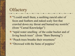 Olfactory
 “I could smell them, a seething rancid odor of
 feces and feathers and naked scaly feet that
 crawled down my throat and burned my nostrils”
 (from “Carnal Knowledge”)
 “tepid water smelling of the cedar bucket and of
 living beech trees” (from “Barn Burning”)
 “Peach trees breathe their sweetness”
 “Drowsed with the fume of poppies”
 