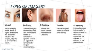 TYPES OF IMAGERY
Visual
Visual imagery
which refers to
sights and allows
the reader to
visualise the
subject, objects
or events in the
poem.
Auditory
Auditory imagery
refers to sounds
and reminds the
reader of
common or
specific sounds
as a point of
reference to
deepen
understanding.
Olfactory
Smells and
tastes can be
referred to as
Olfactory
Tactile
Tactile imagery
refers to texture
and feeling.
Sample Footer Text 20
the poet appeals
to the reader’s
sense of taste by
describing
something the
speaker or
narrator of the
poem tastes.
Gustatory
 